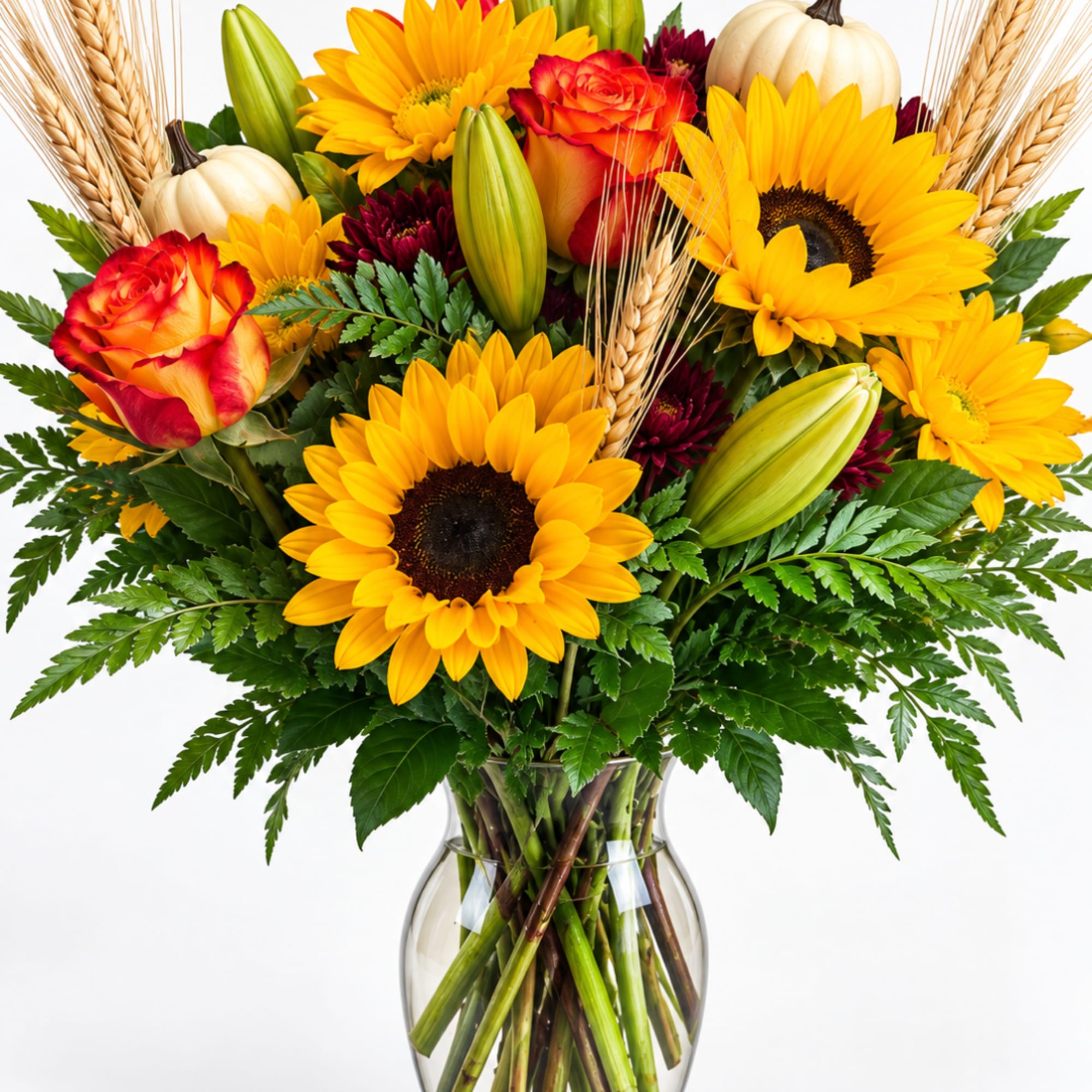 Sunflower and rose bouquet in a glass vase with wheat accents
