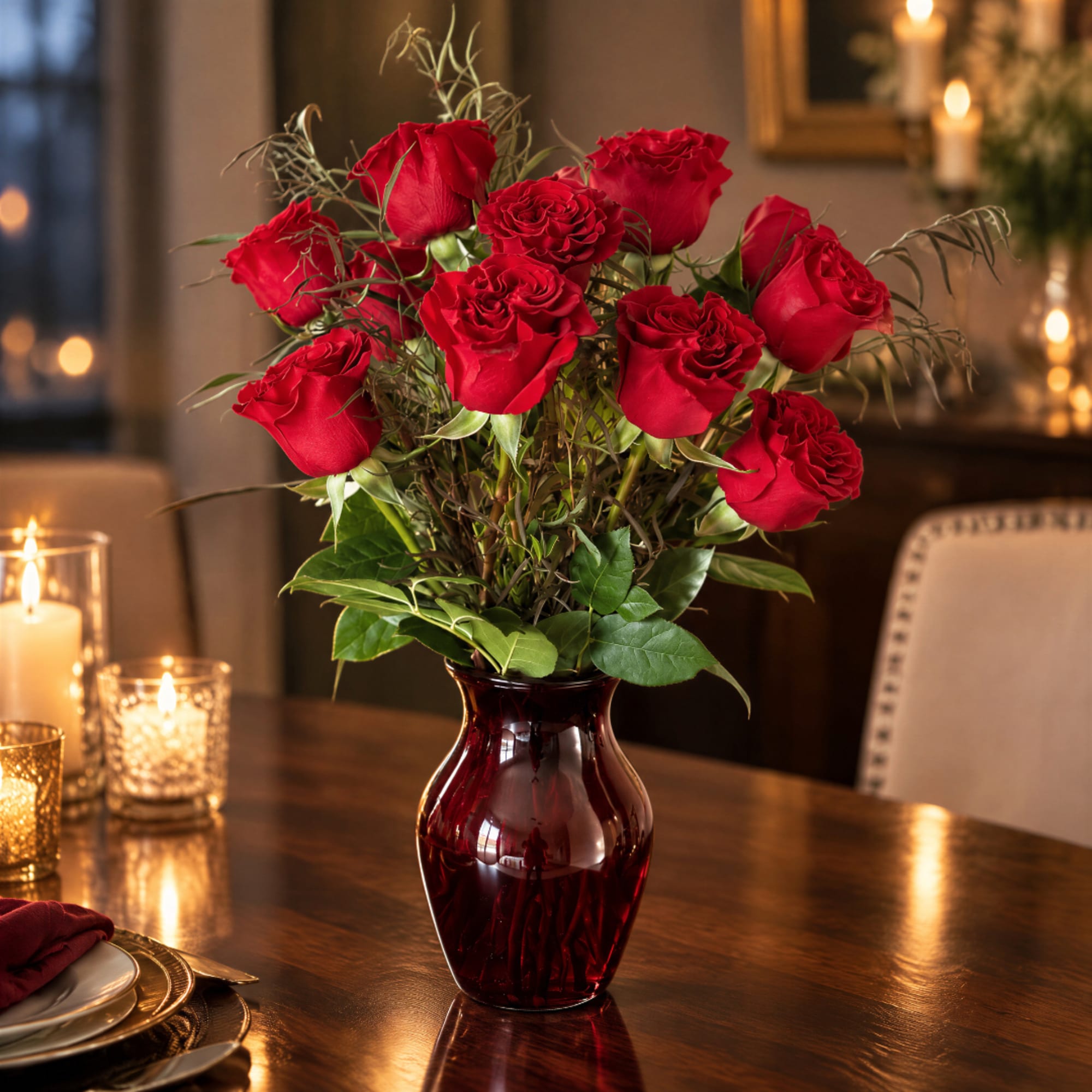Red roses arranged in a burgundy glass vase on a dining table, photo 3 of 4