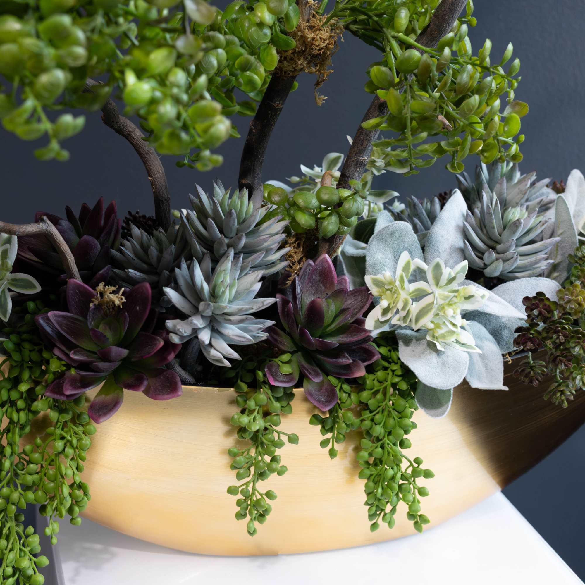 Succulent arrangement in a gold boat-shaped container