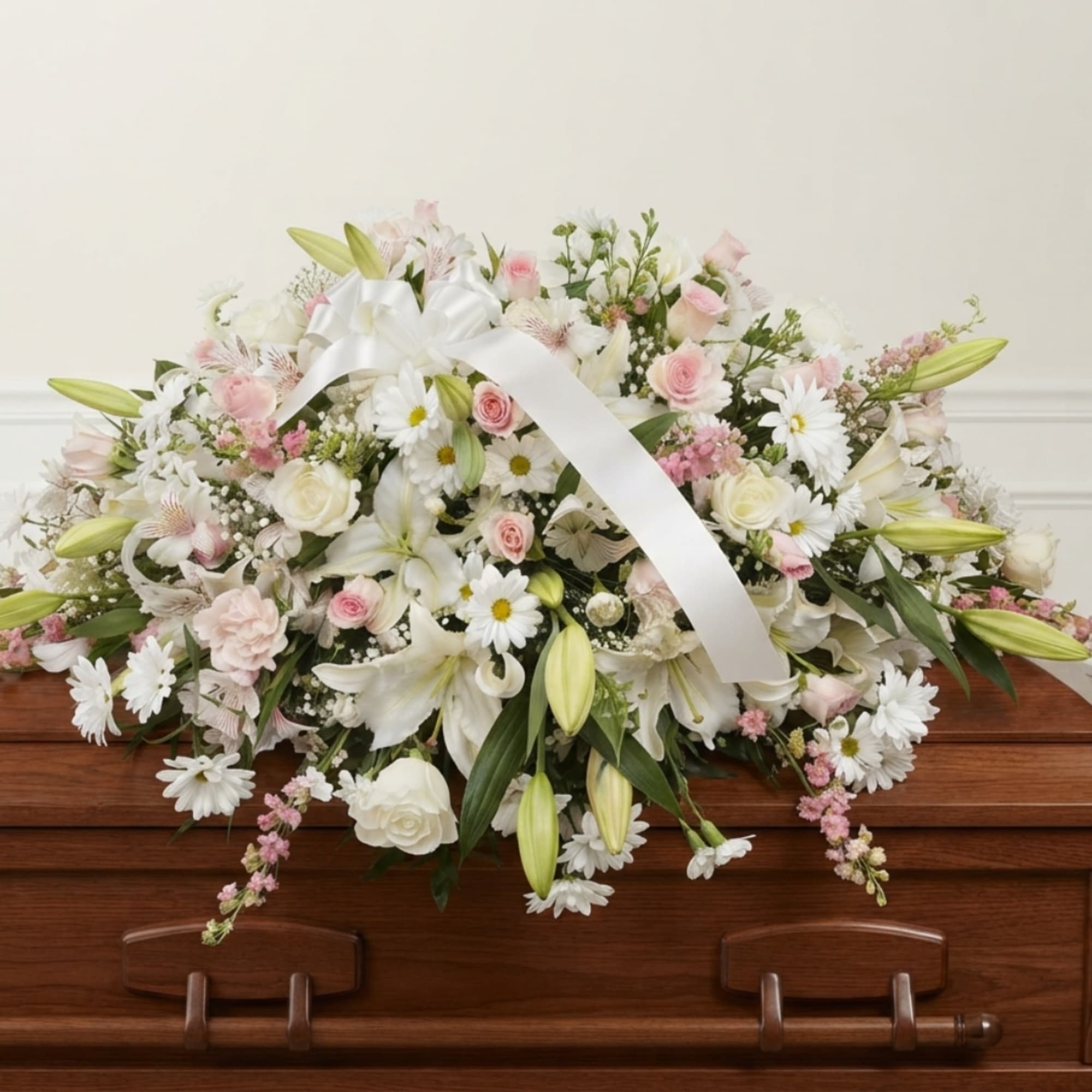 White and pink floral casket spray with lilies, roses, and daisies