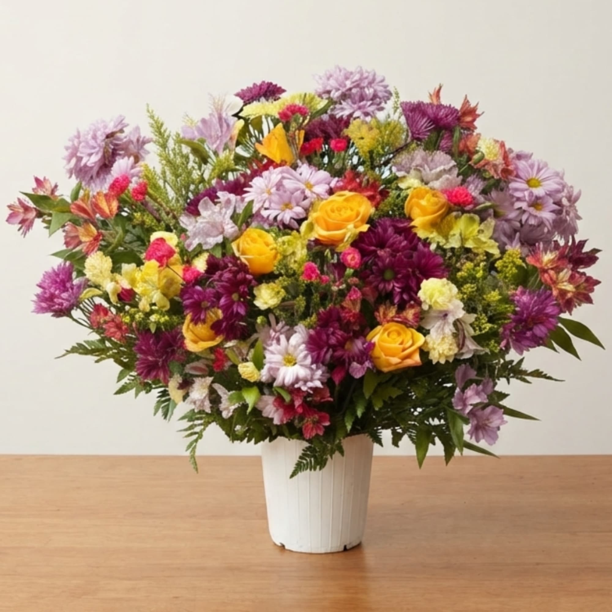 Mixed bouquet of yellow roses and purple flowers in a white vase