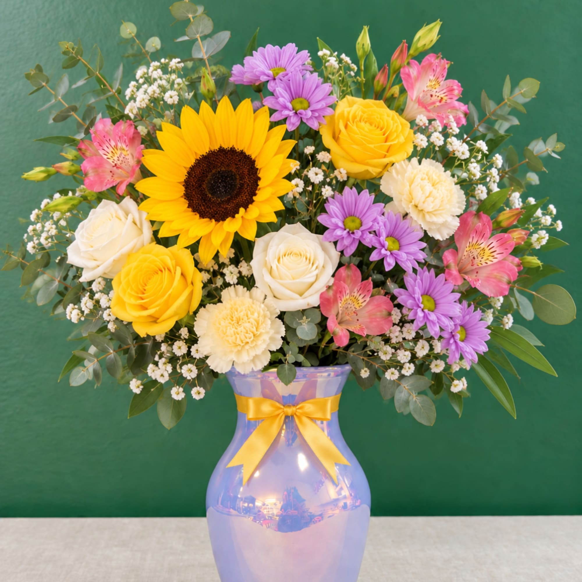 Mixed bouquet in a lavender vase with a yellow ribbon