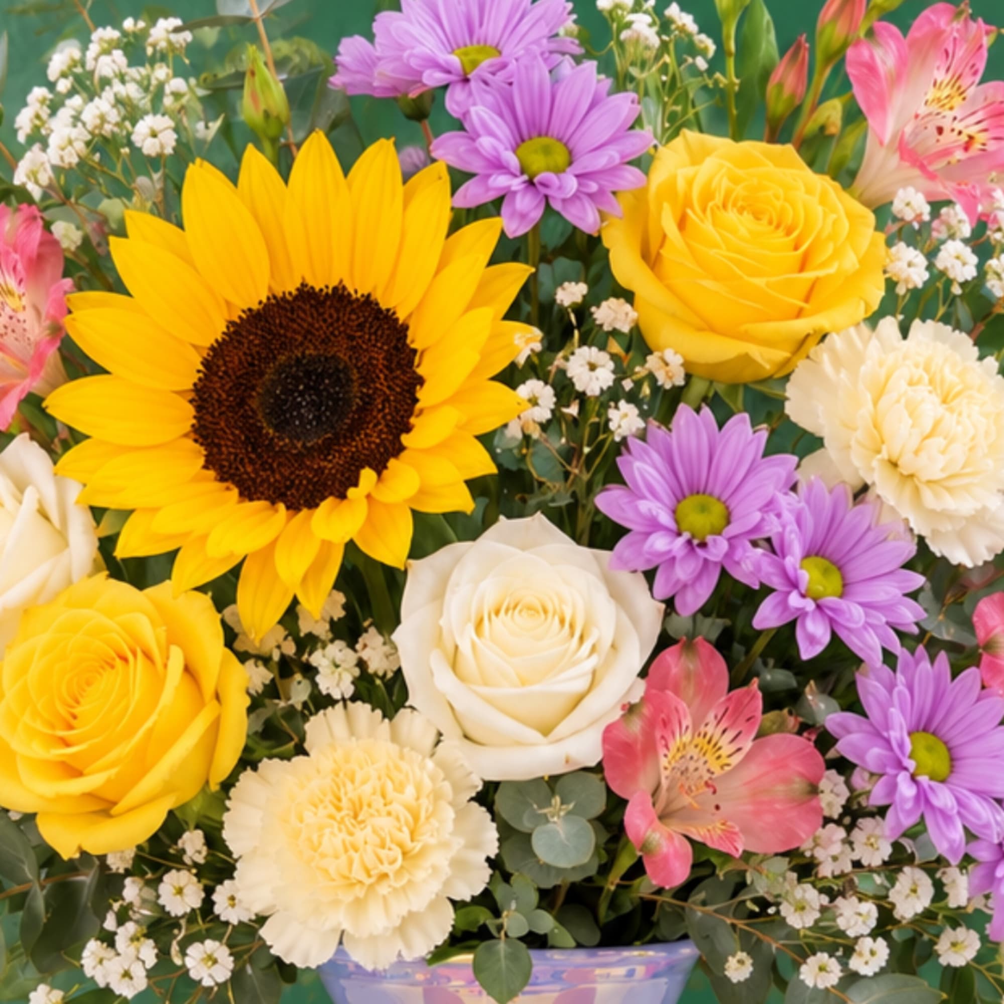 Mixed bouquet with sunflowers, roses, daisies, and pink alstroemeria