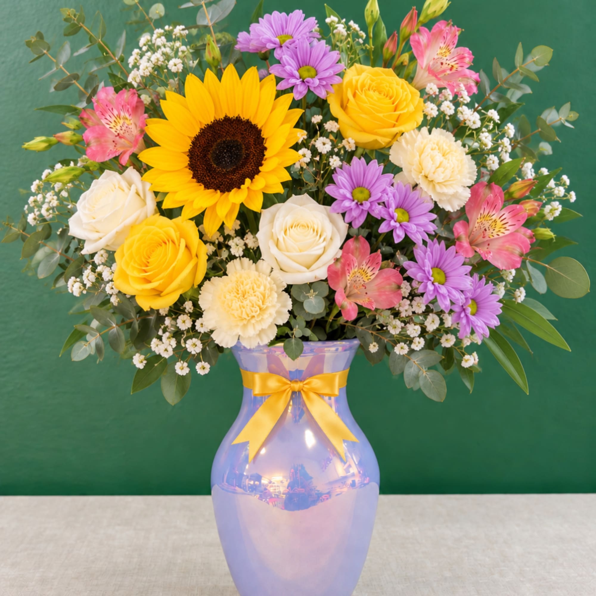 Mixed bouquet with sunflowers, roses, daisies, and alstroemeria in a blue vase