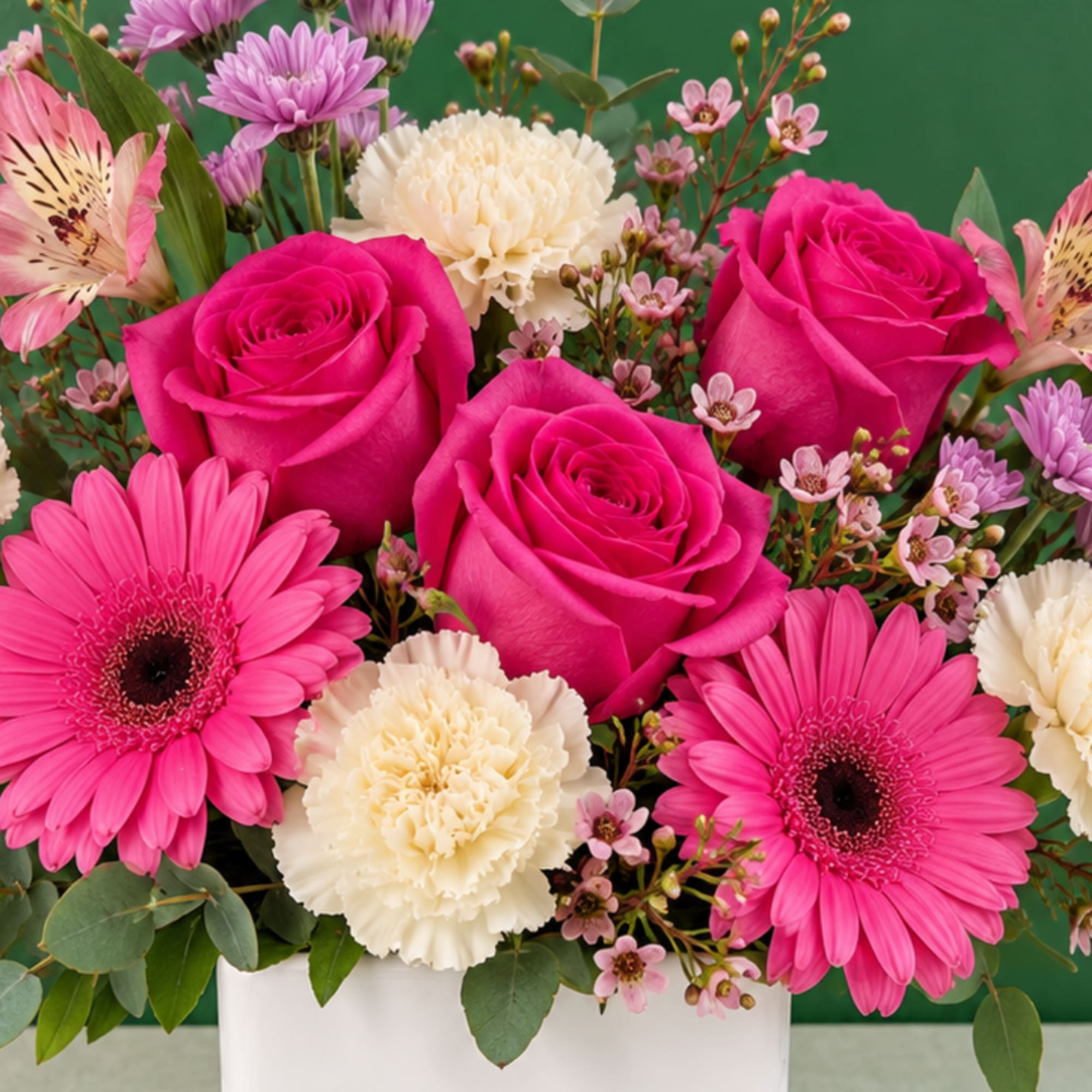 Pink roses and gerbera daisies with cream carnations in a white vase