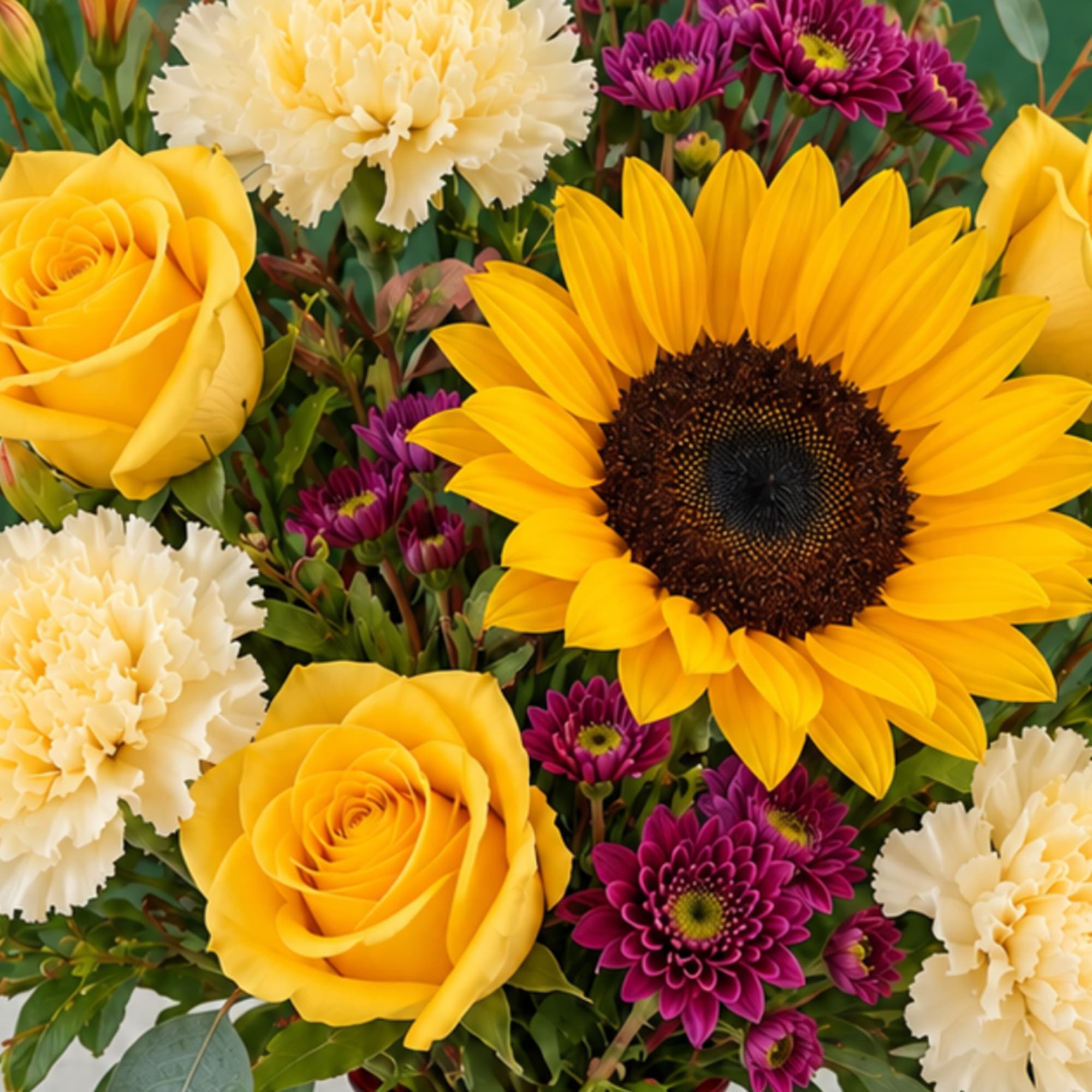 Bouquet with yellow roses, sunflowers, and cream carnations