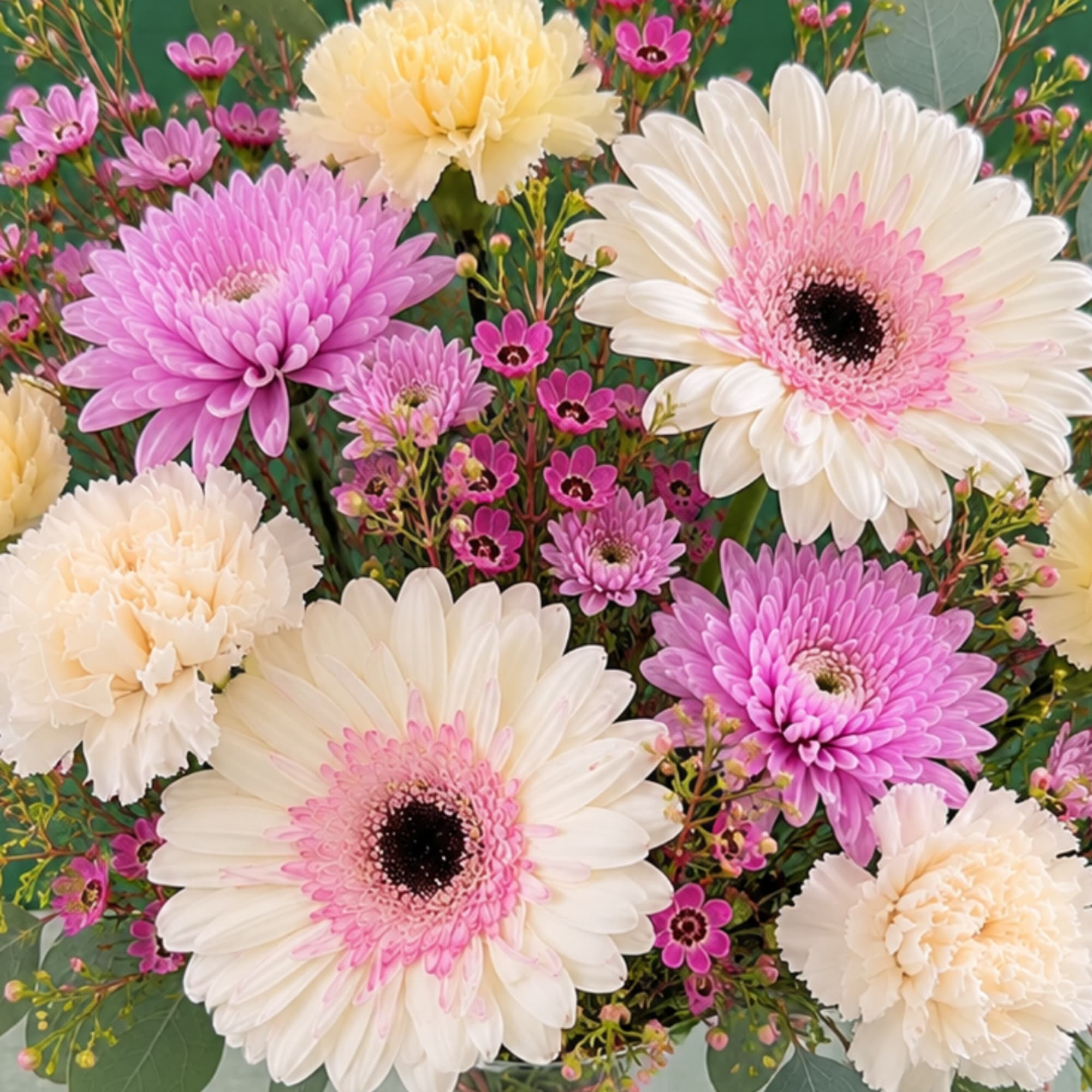 Pink and white daisies with cream carnations in a mixed bouquet