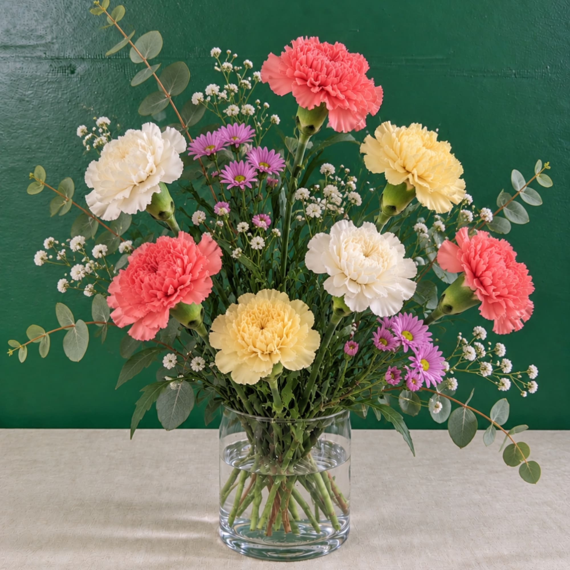 Mixed carnations and purple daisies in a clear glass vase