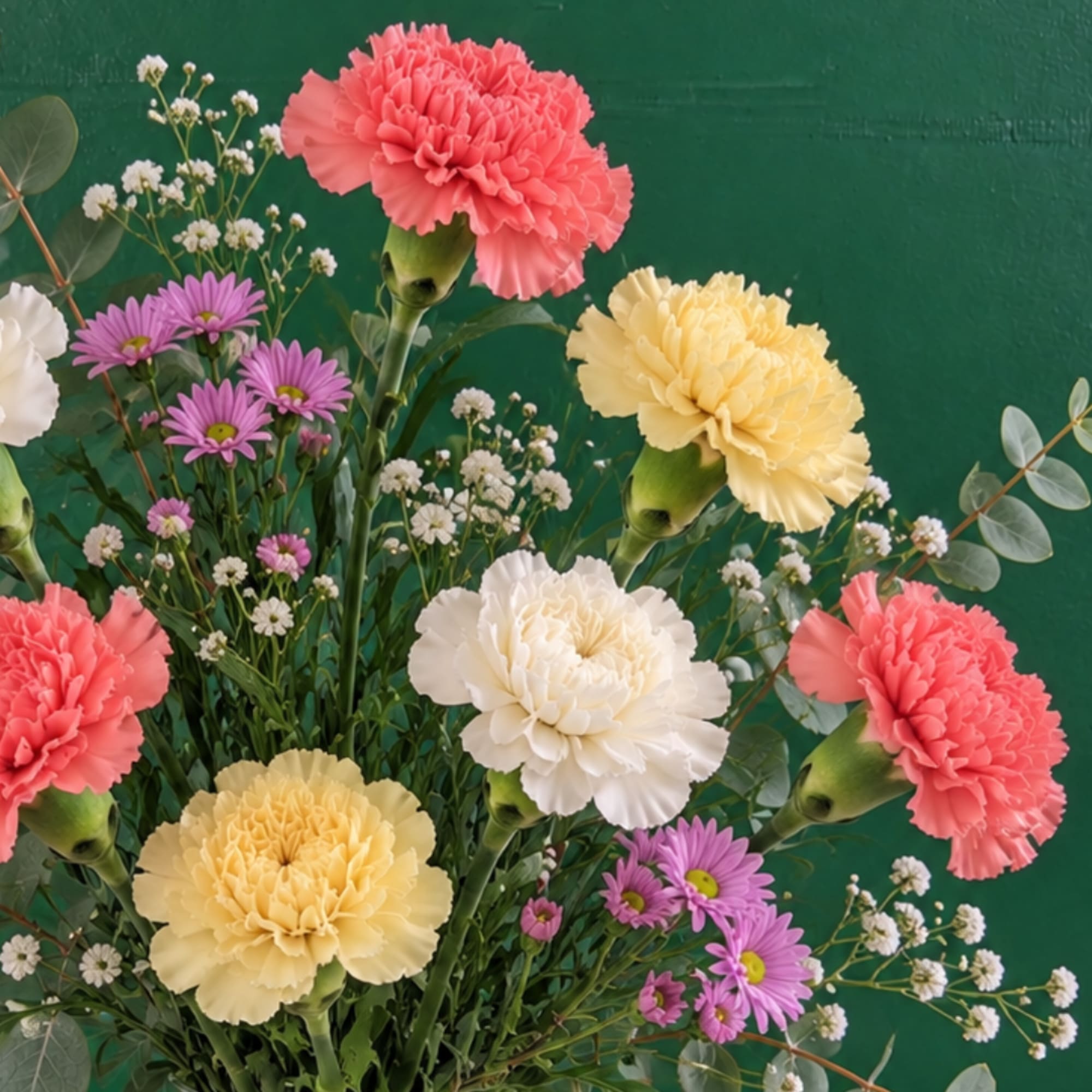 Mixed bouquet with carnations and purple daisies