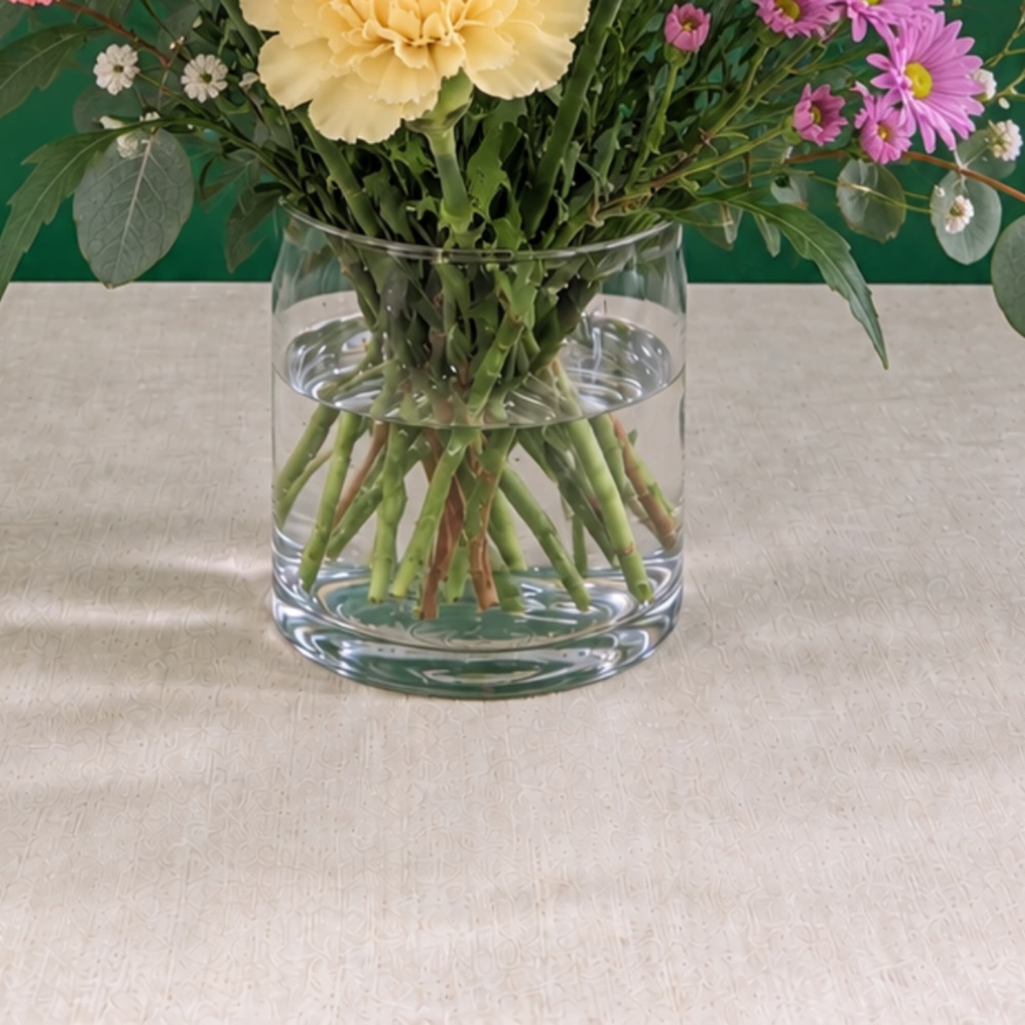 Mixed flowers in a clear glass vase with stems visible in water