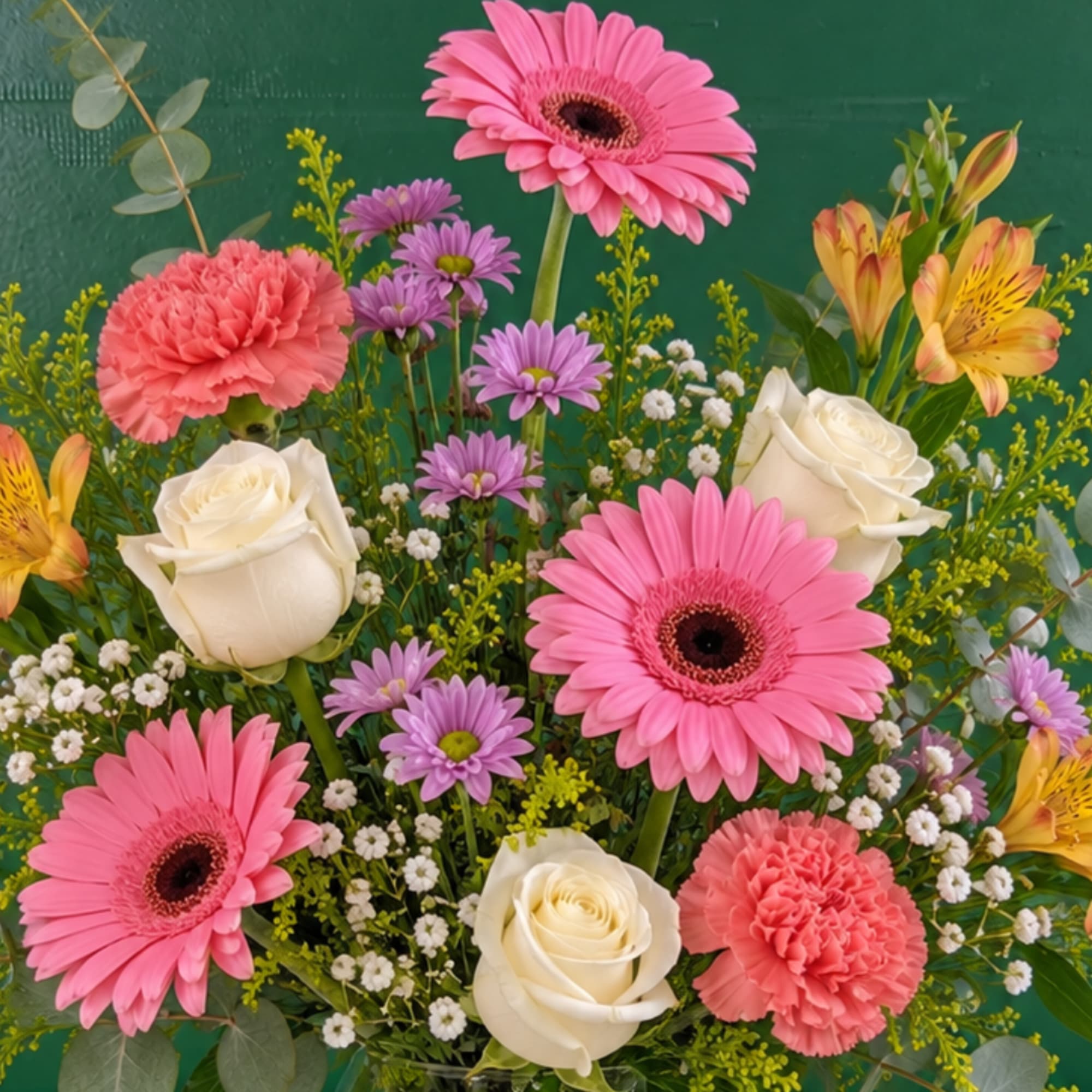 Pink gerbera daisies, white roses, and mixed blooms in a colorful bouquet
