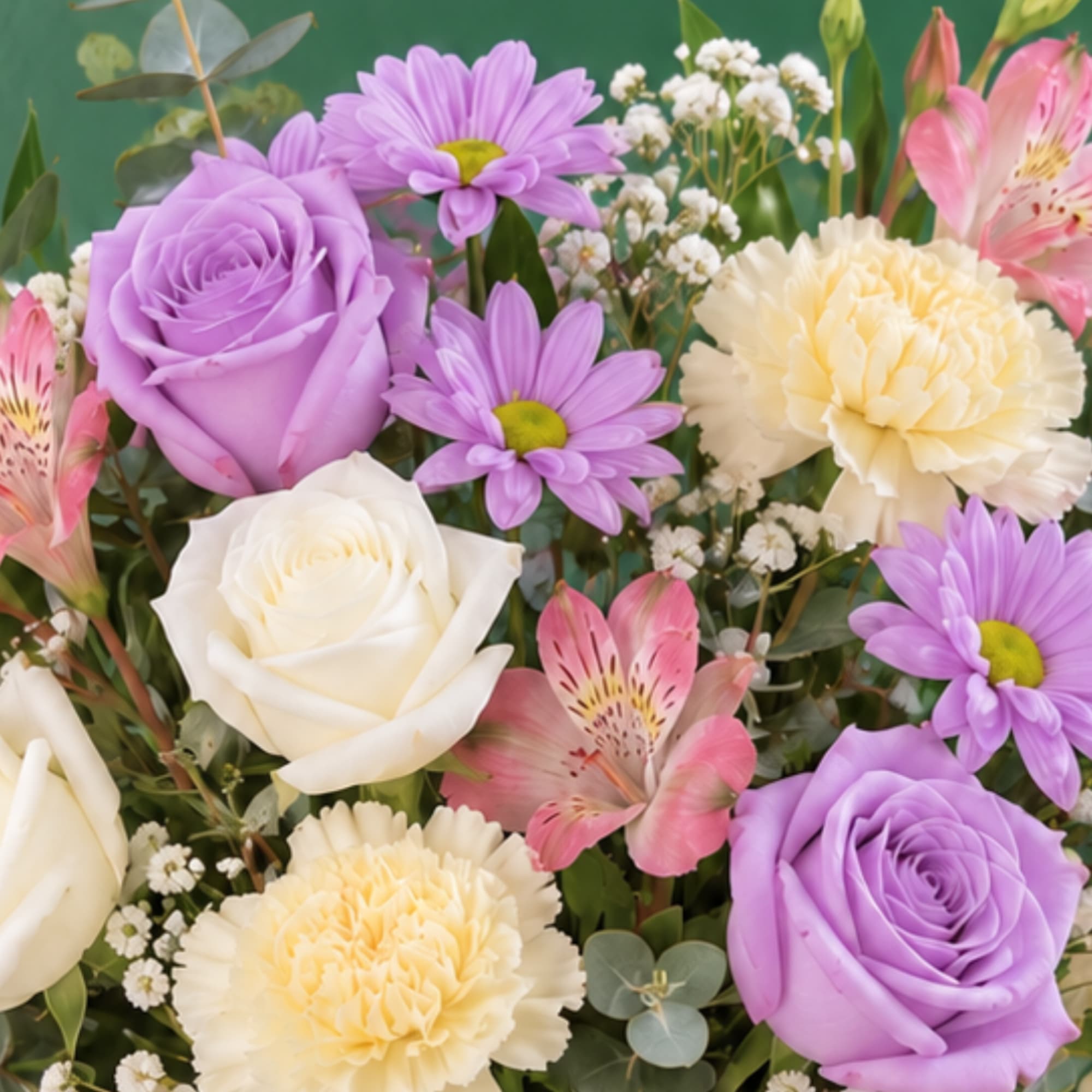 Bouquet of lavender and white roses with pink alstroemeria and daisies