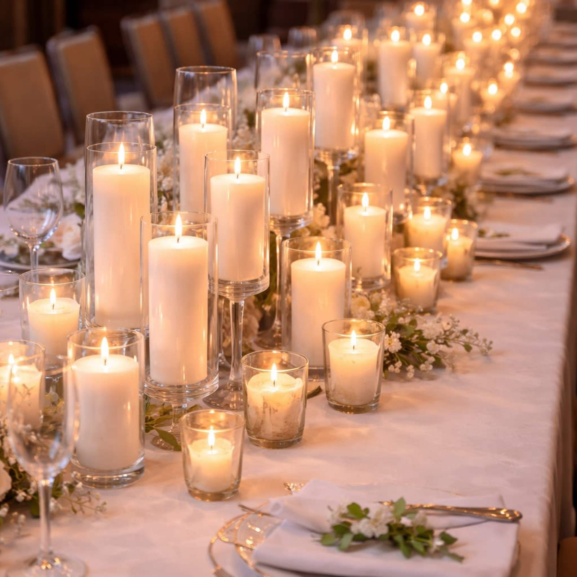 Long banquet table with lit white candles in glass holders