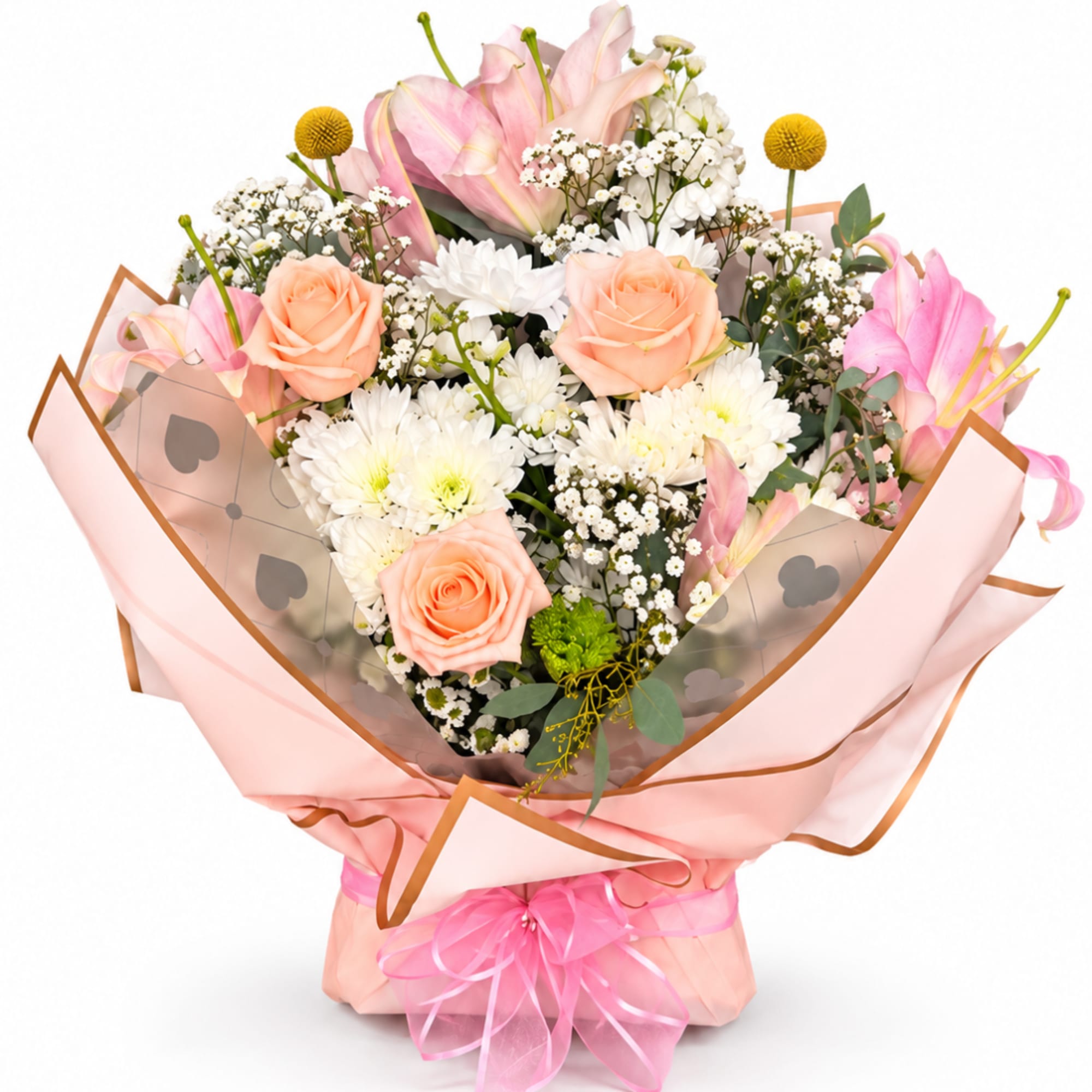 Pink and peach bouquet with roses and white daisies wrapped in pink paper