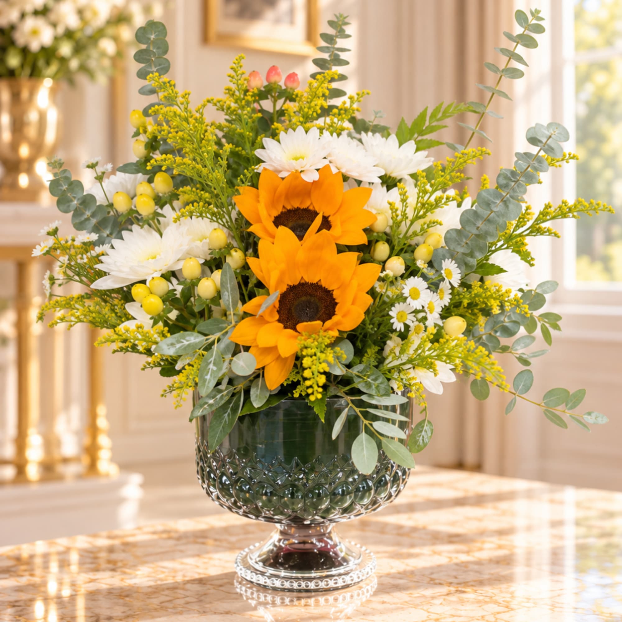 Sunflower and white daisy arrangement in a glass pedestal vase