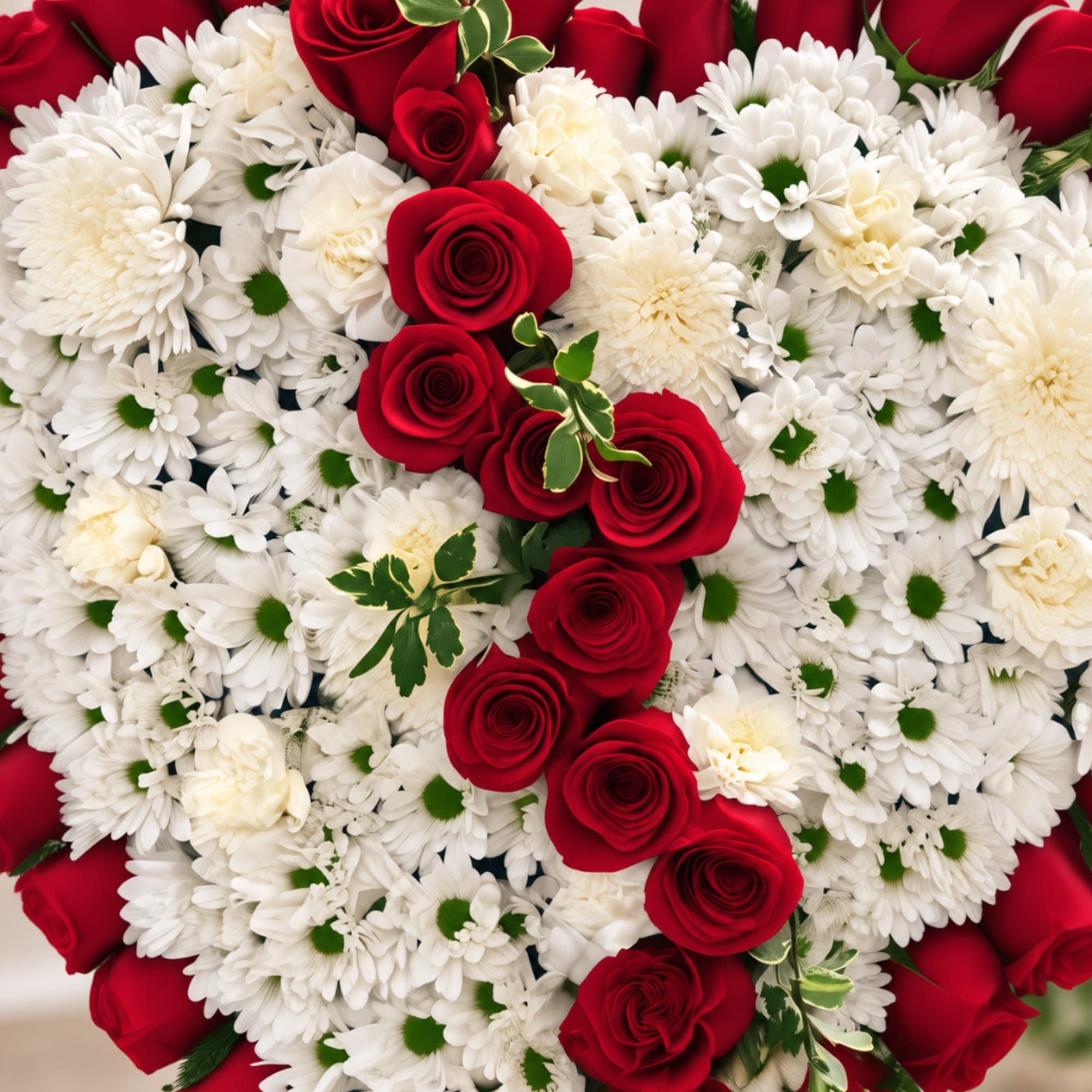 Red roses arranged over white daisies and chrysanthemums