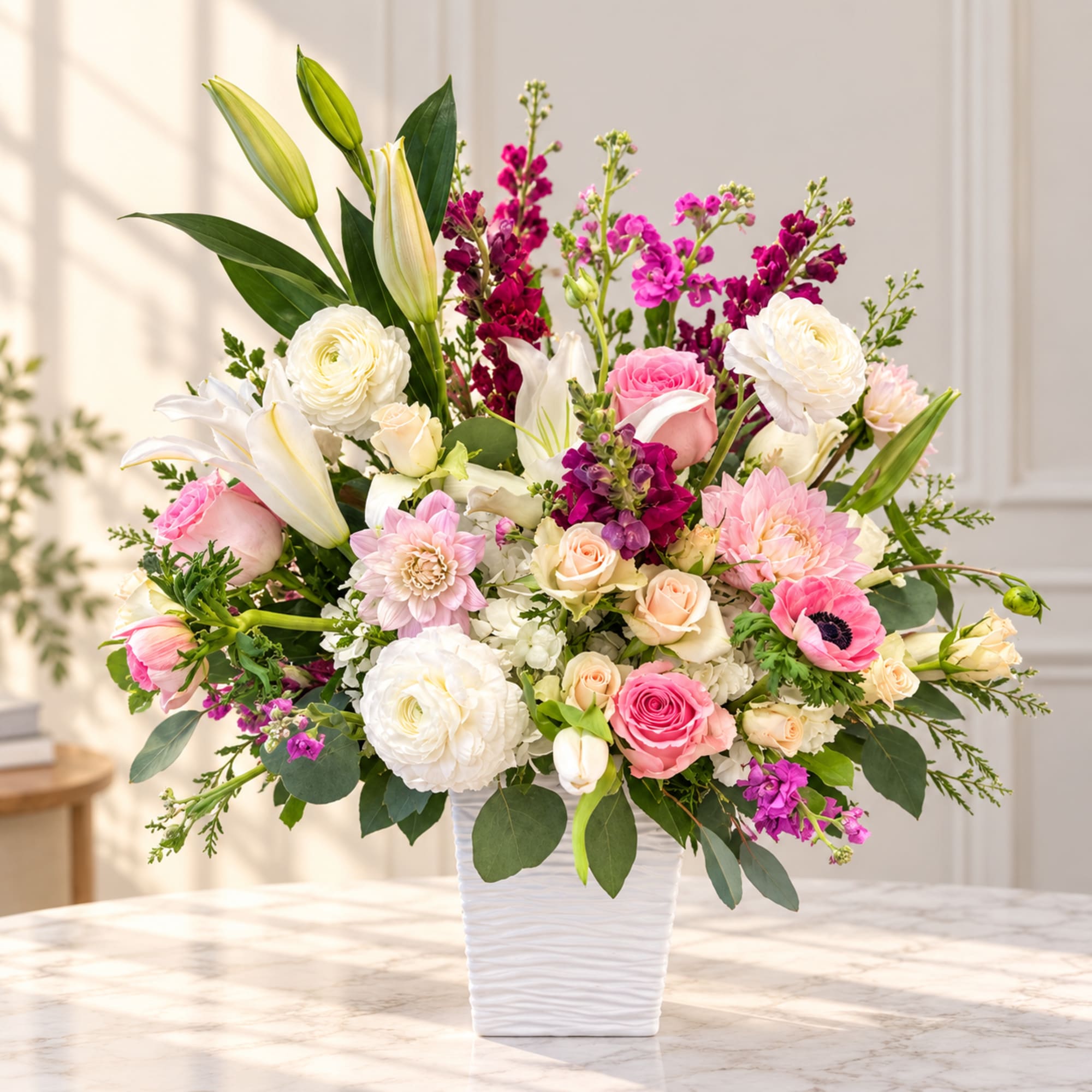 Mixed pink, white, and purple flowers arranged in a white vase