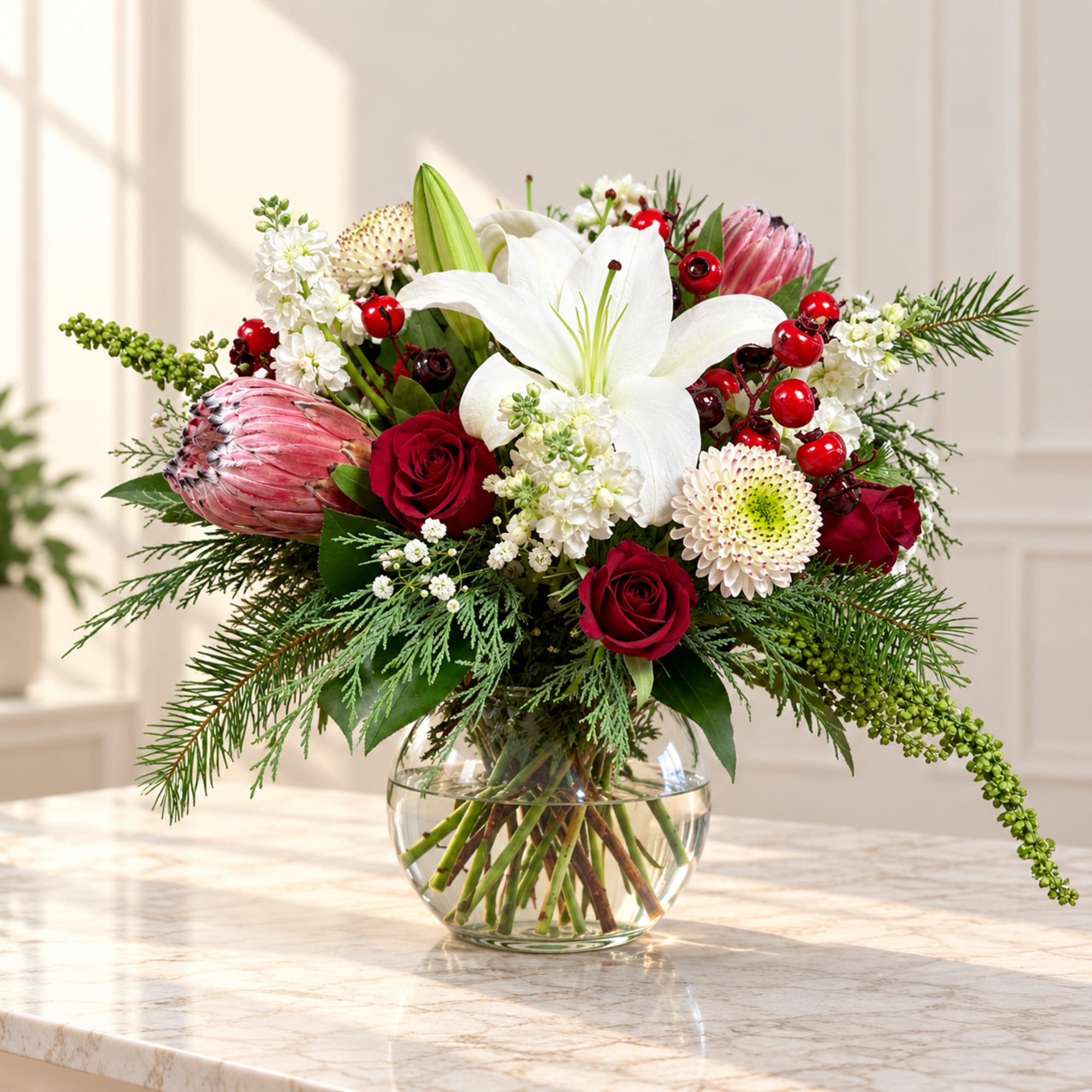 Red roses and white lilies in a glass vase with berries and greenery