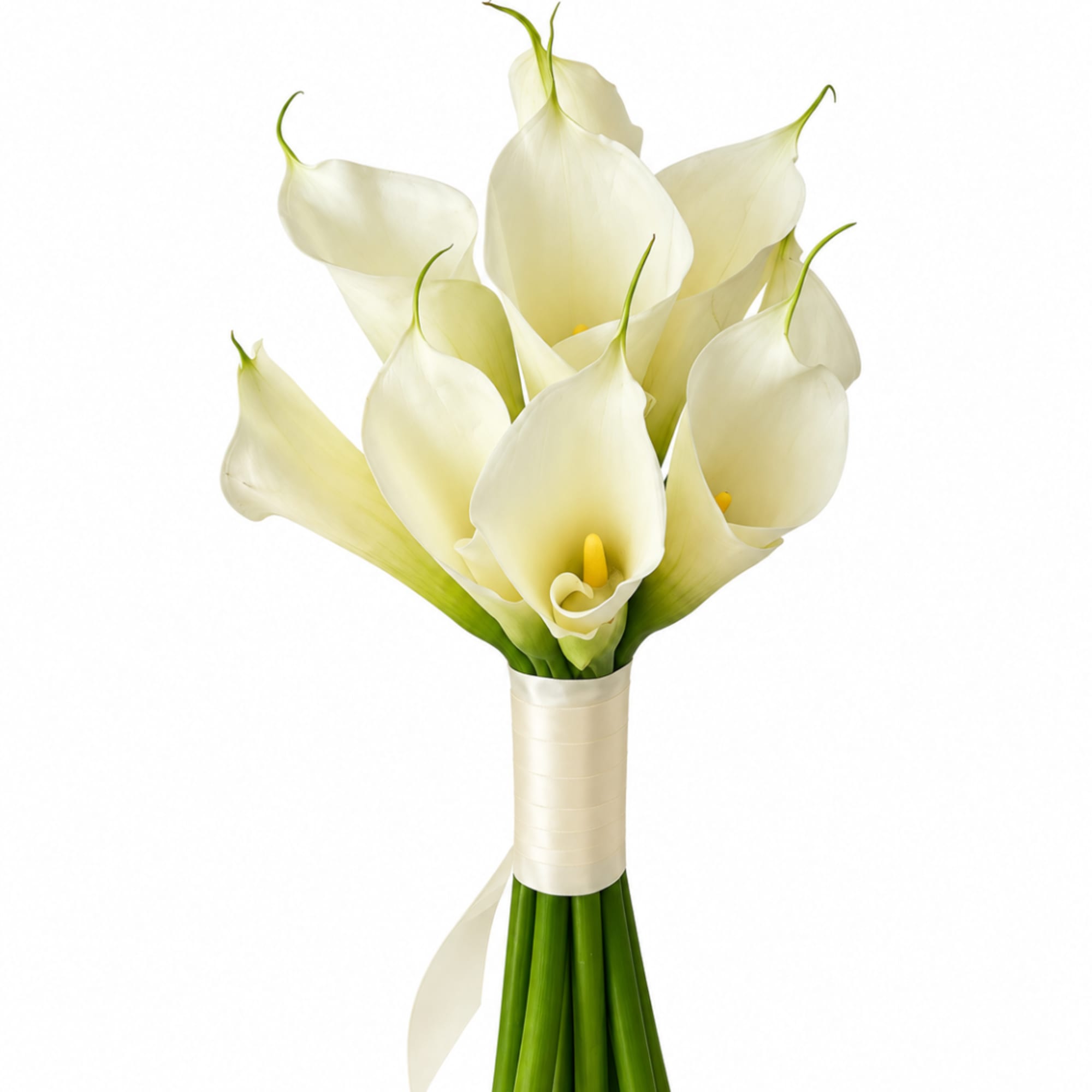 White calla lily bouquet tied with a cream ribbon