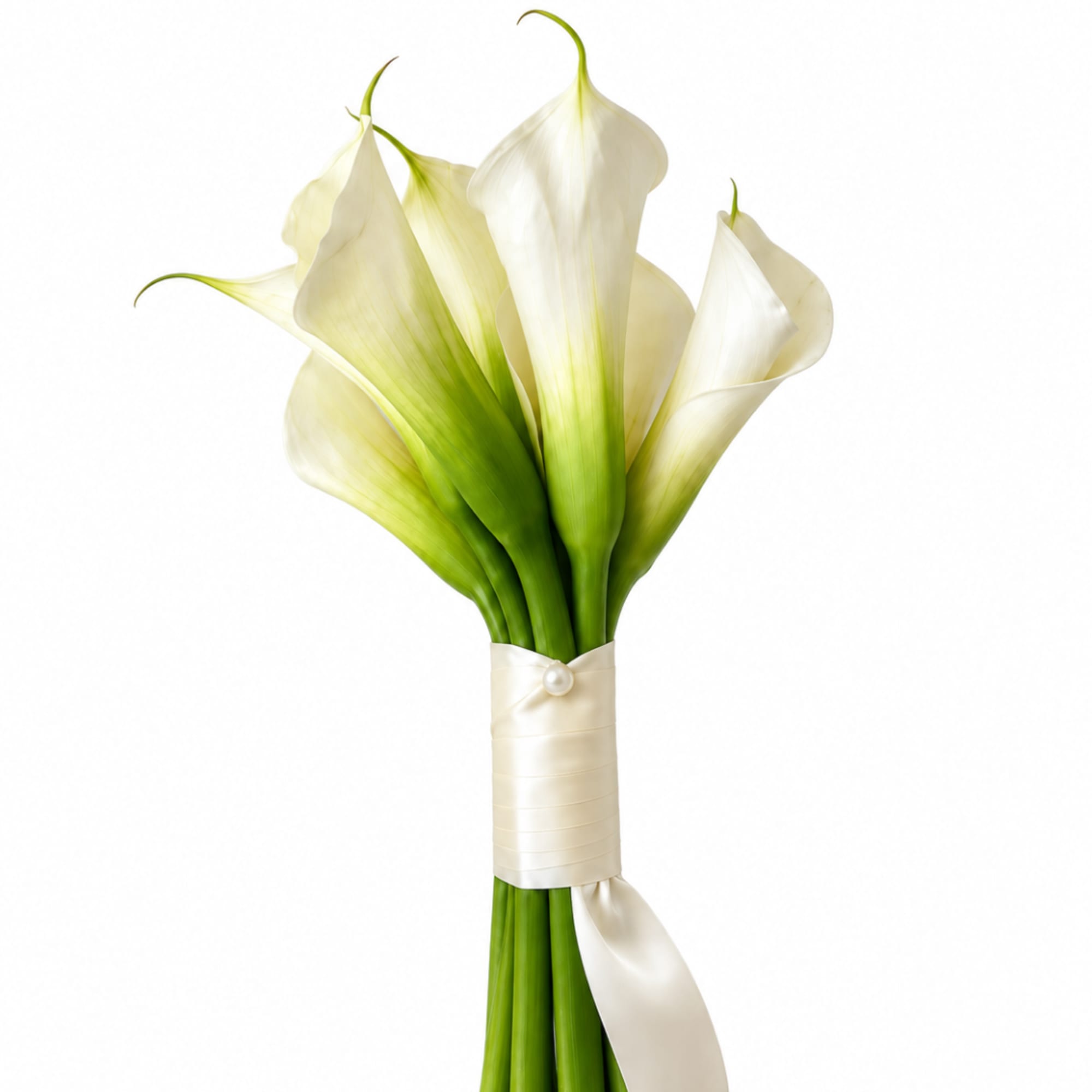 White calla lily bridal bouquet wrapped in ivory ribbon