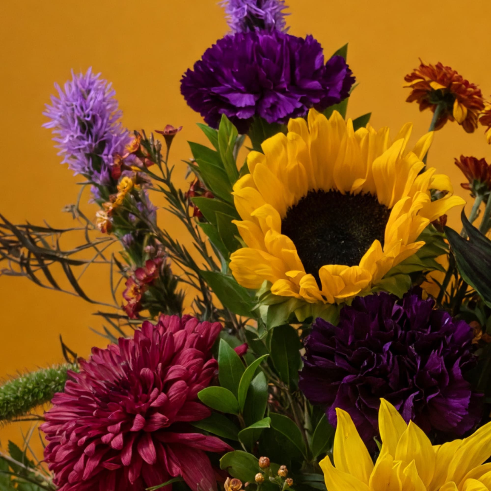 Bouquet with sunflowers, purple chrysanthemums, and magenta blooms against an orange background