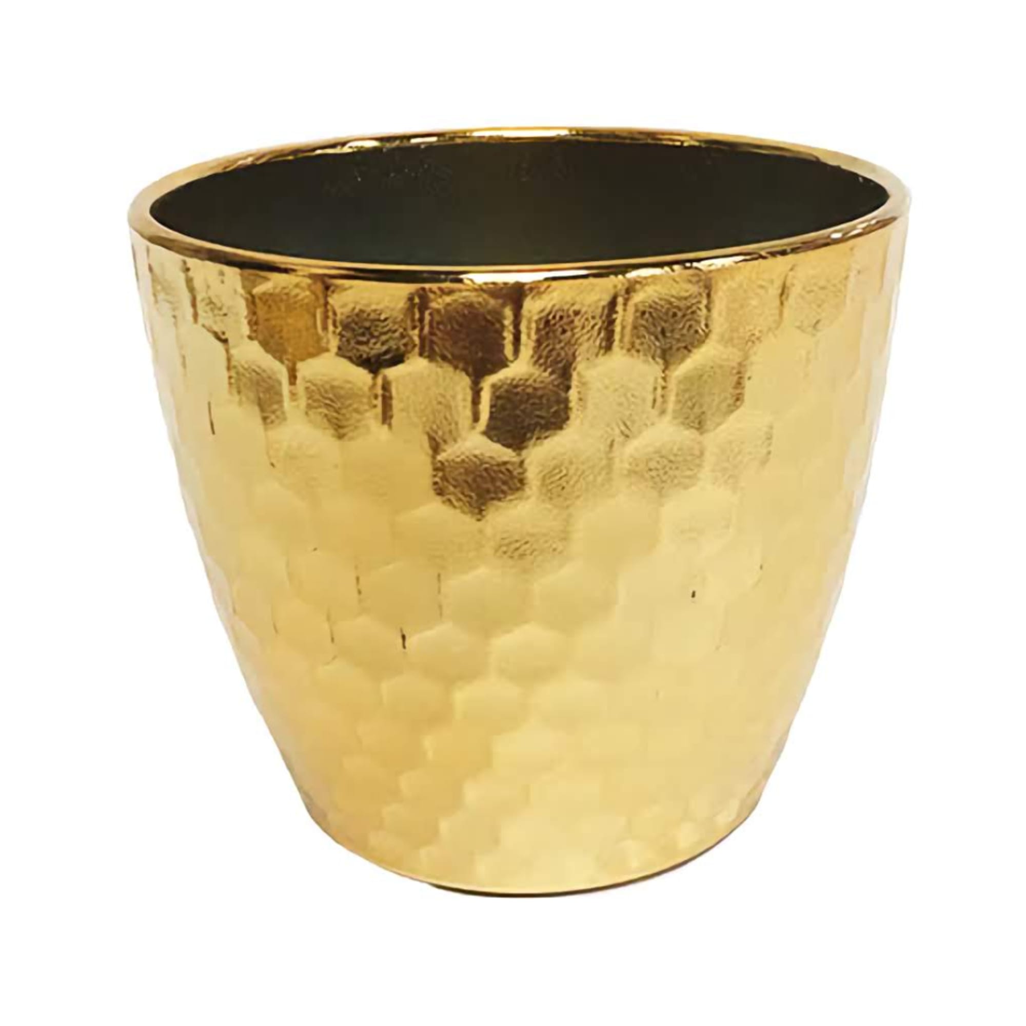 Gold hammered metal planter pot on a white background