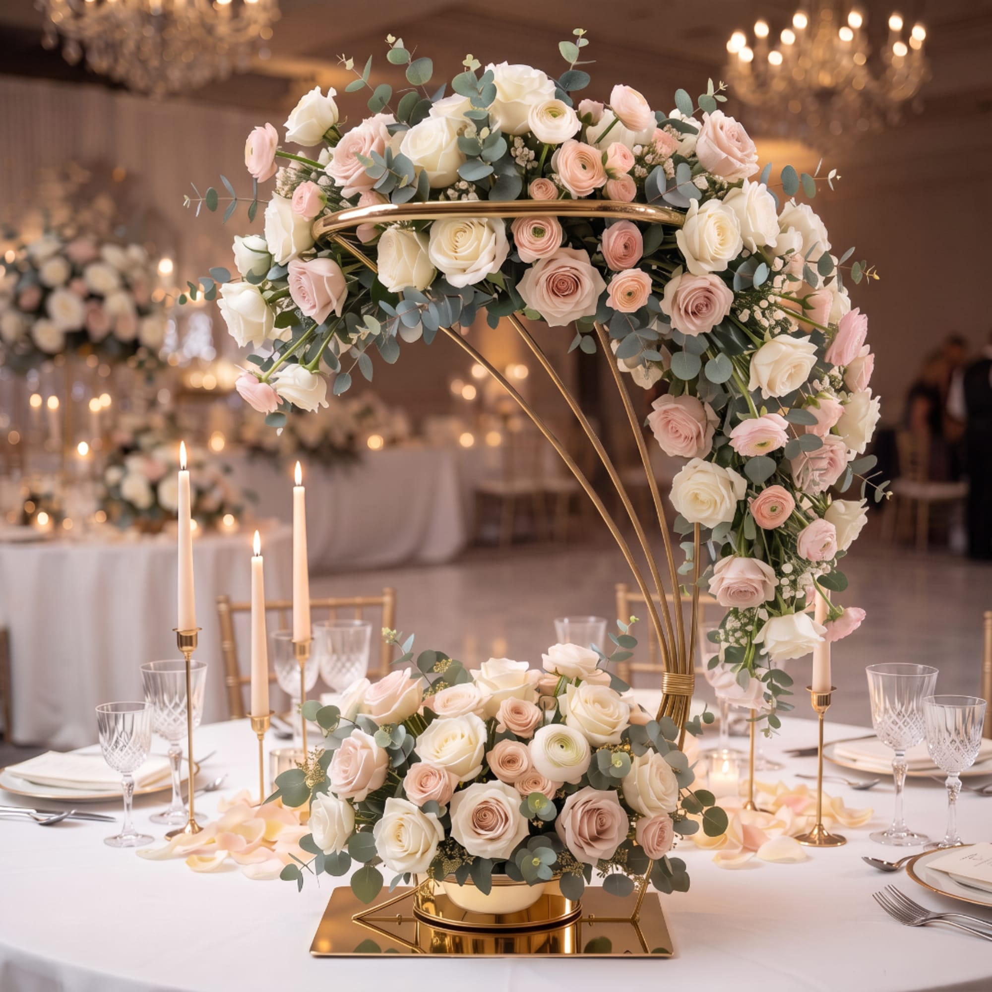 Pastel rose and ranunculus floral centerpiece on a gold stand