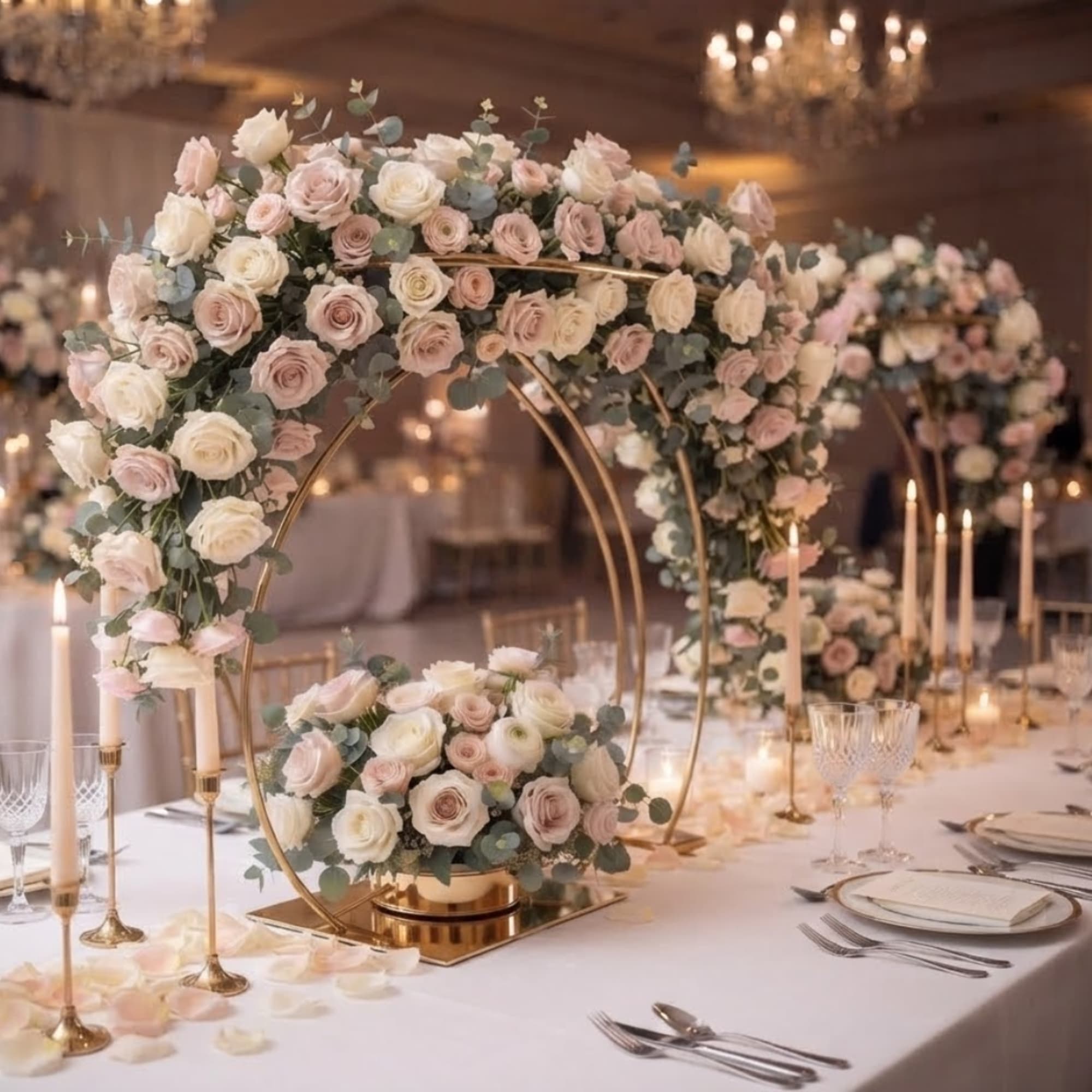 Pastel rose centerpiece on a gold circular stand at a decorated table