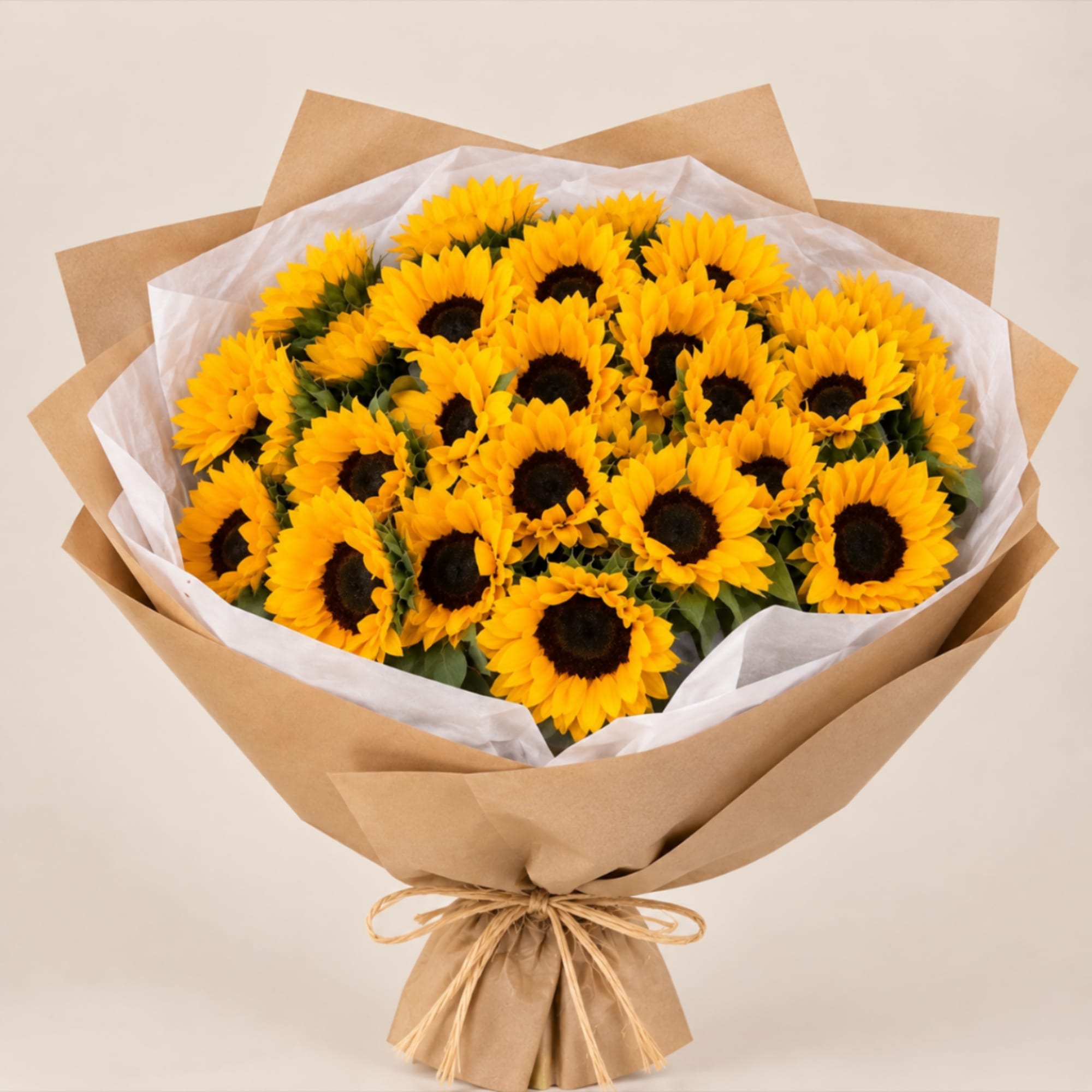 Bouquet of yellow sunflowers wrapped in brown paper