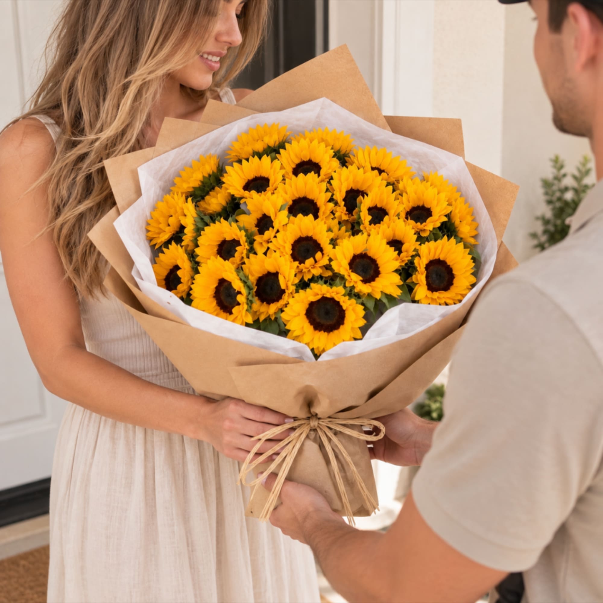 Large bouquet of sunflowers wrapped in brown paper