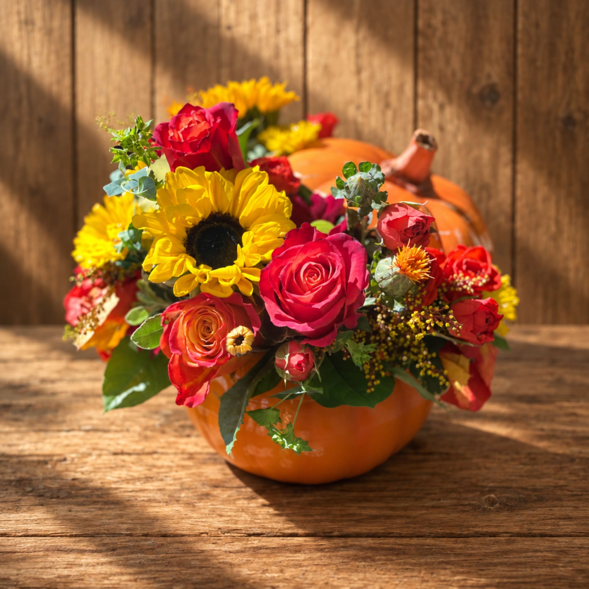 Pumpkin-shaped container filled with roses and sunflowers