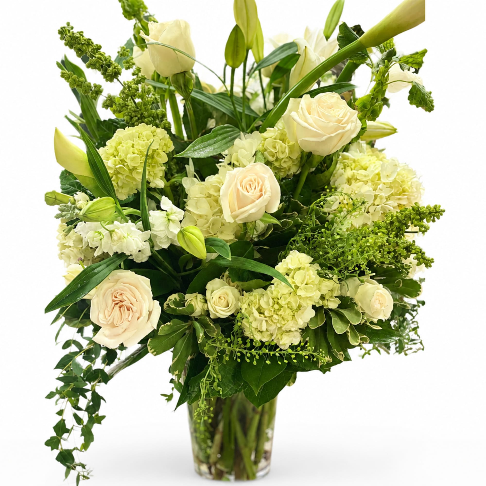 Cream roses and pale green hydrangeas in a clear glass vase