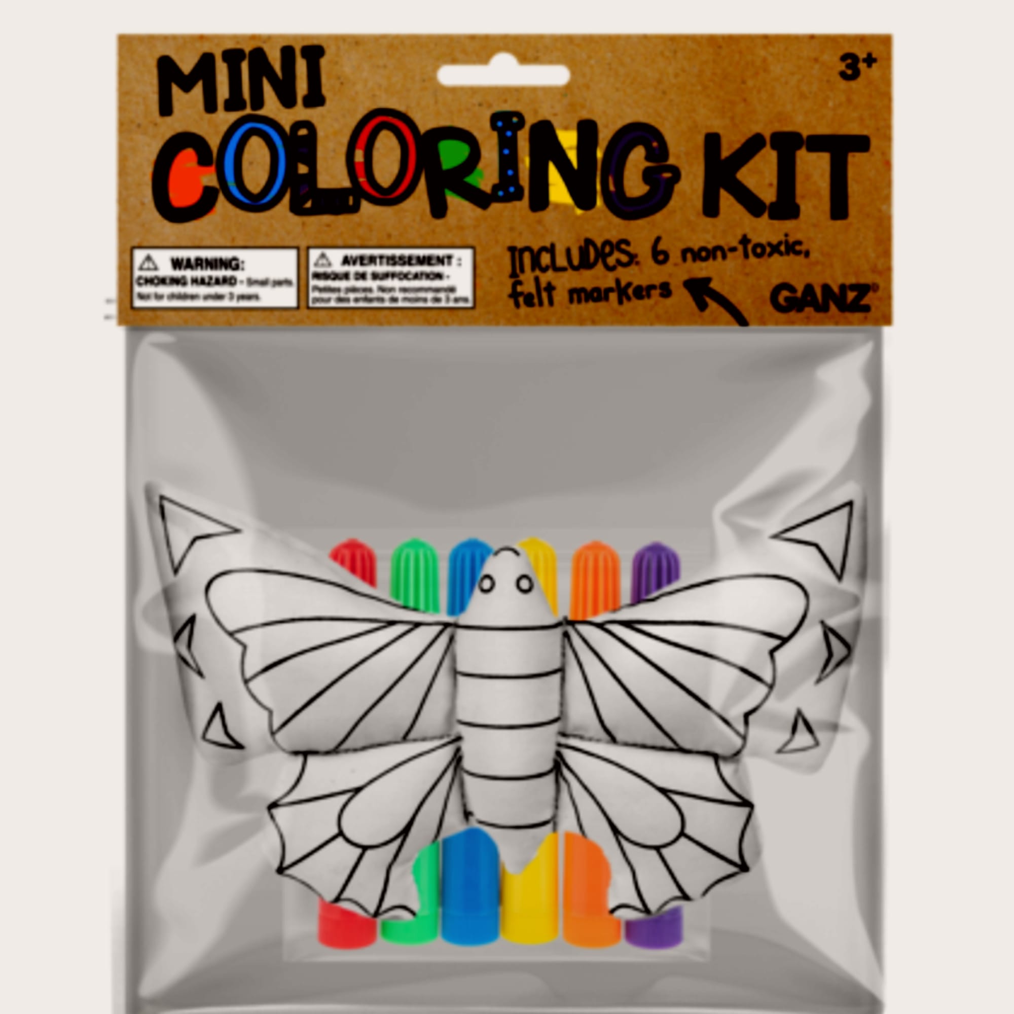 Packaged mini coloring kit with butterfly outline and markers
