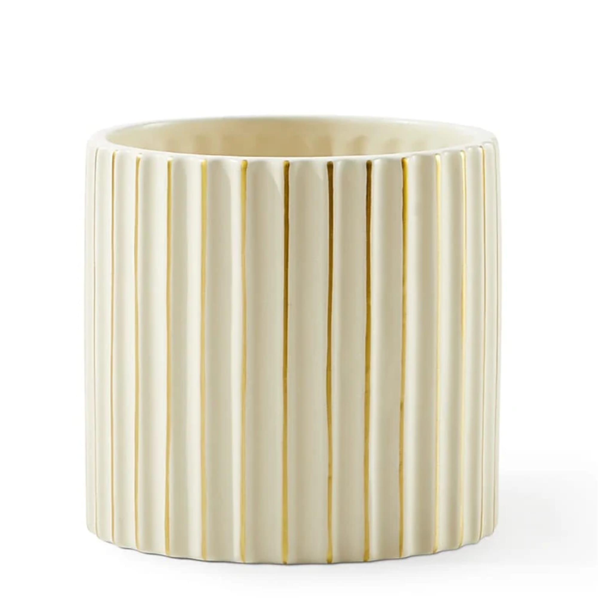 Cream ribbed ceramic vase with vertical gold accents