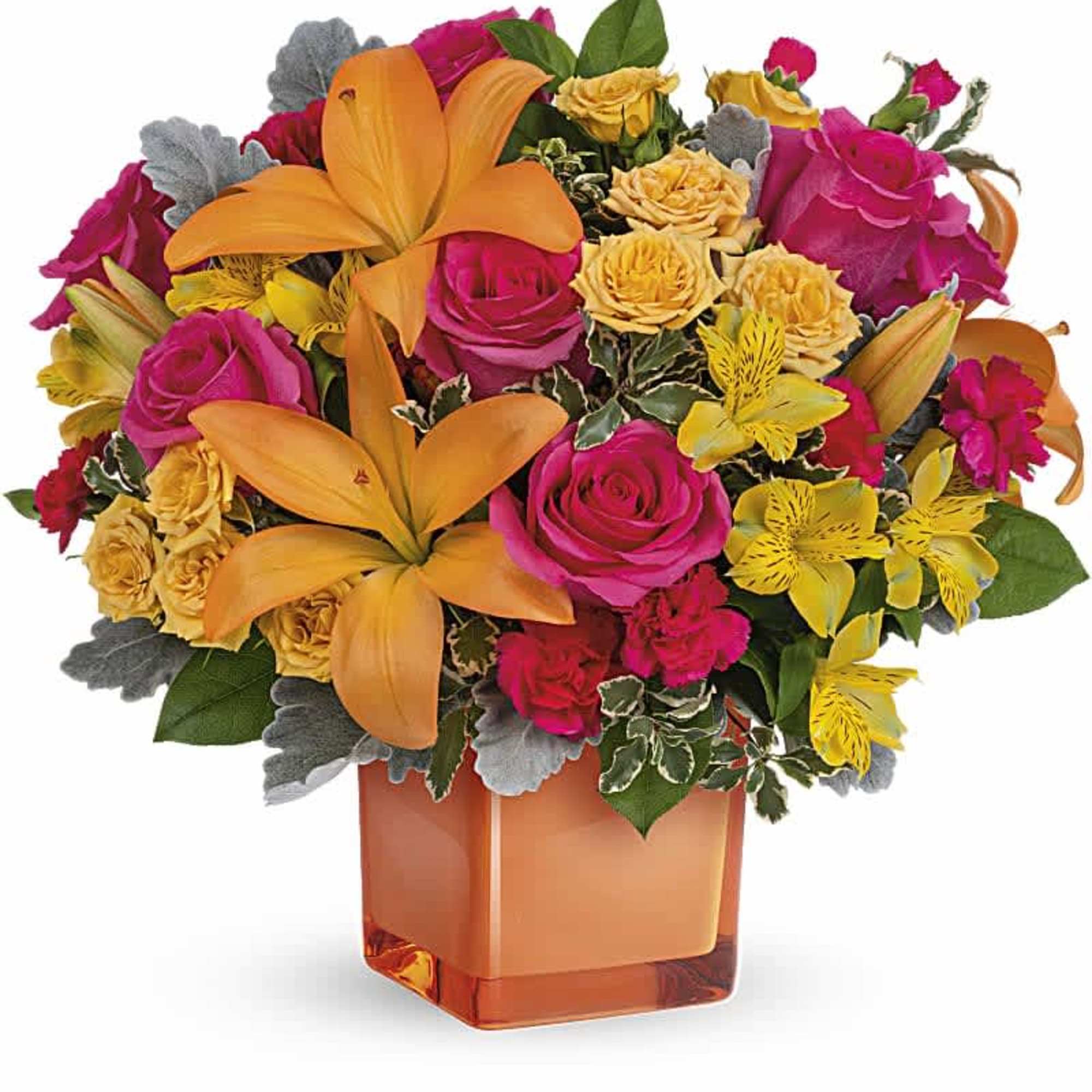 Spread sunshine with bold roses, cheerful lilies, and fluttering alstroemerias in this