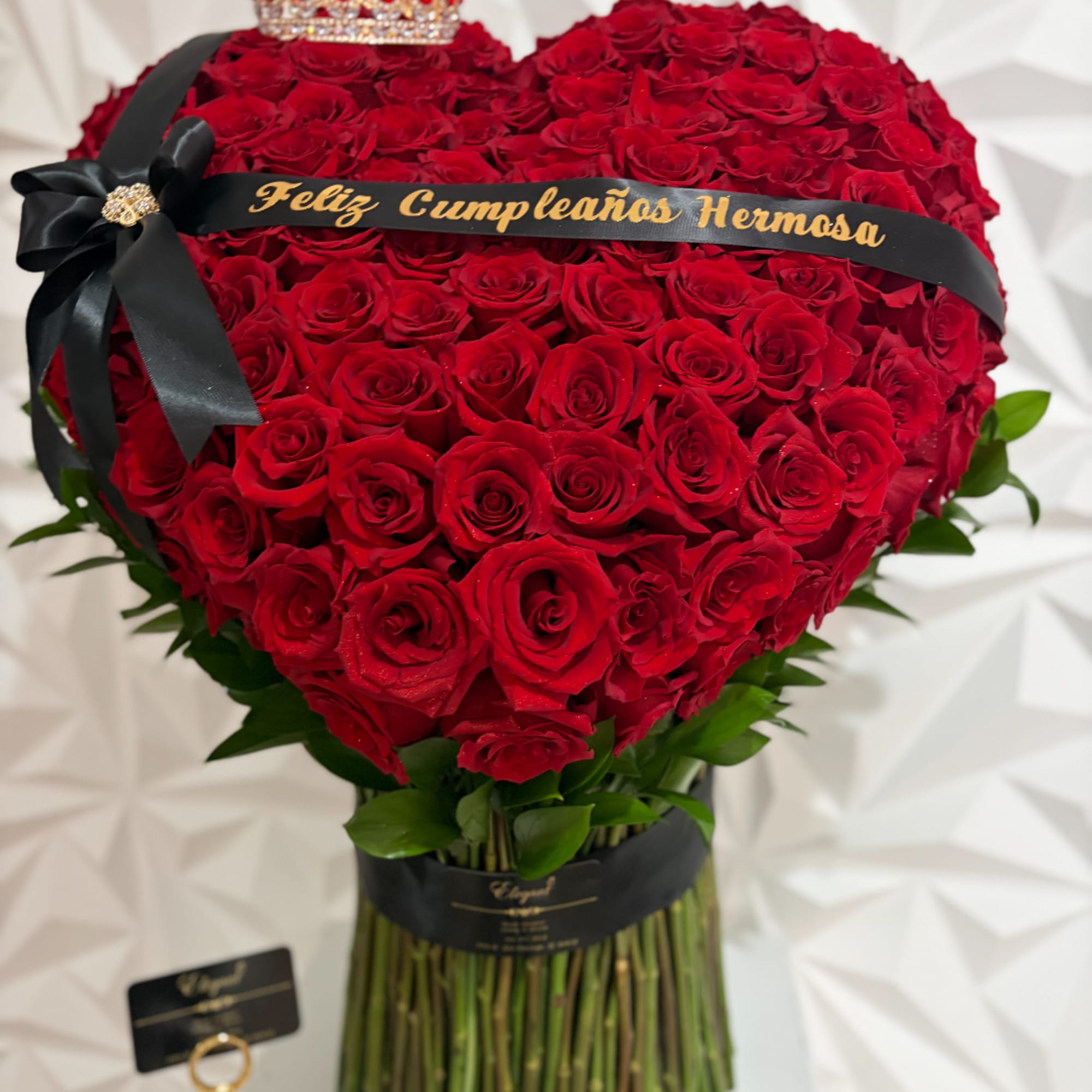 Heart-shaped bouquet of red roses with a black ribbon and birthday banner, photo 2 of 2