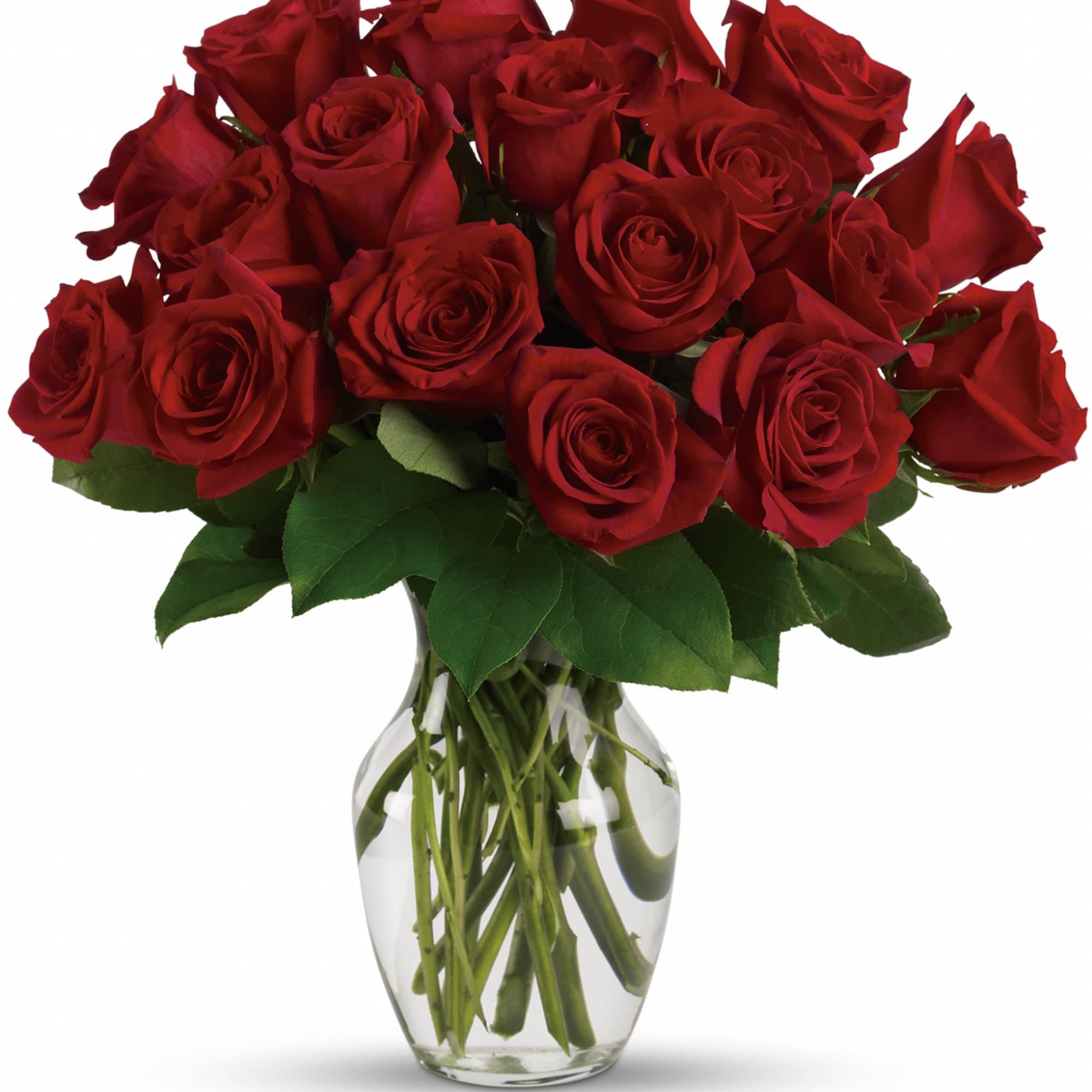 Bouquet of red roses in a clear glass vase
