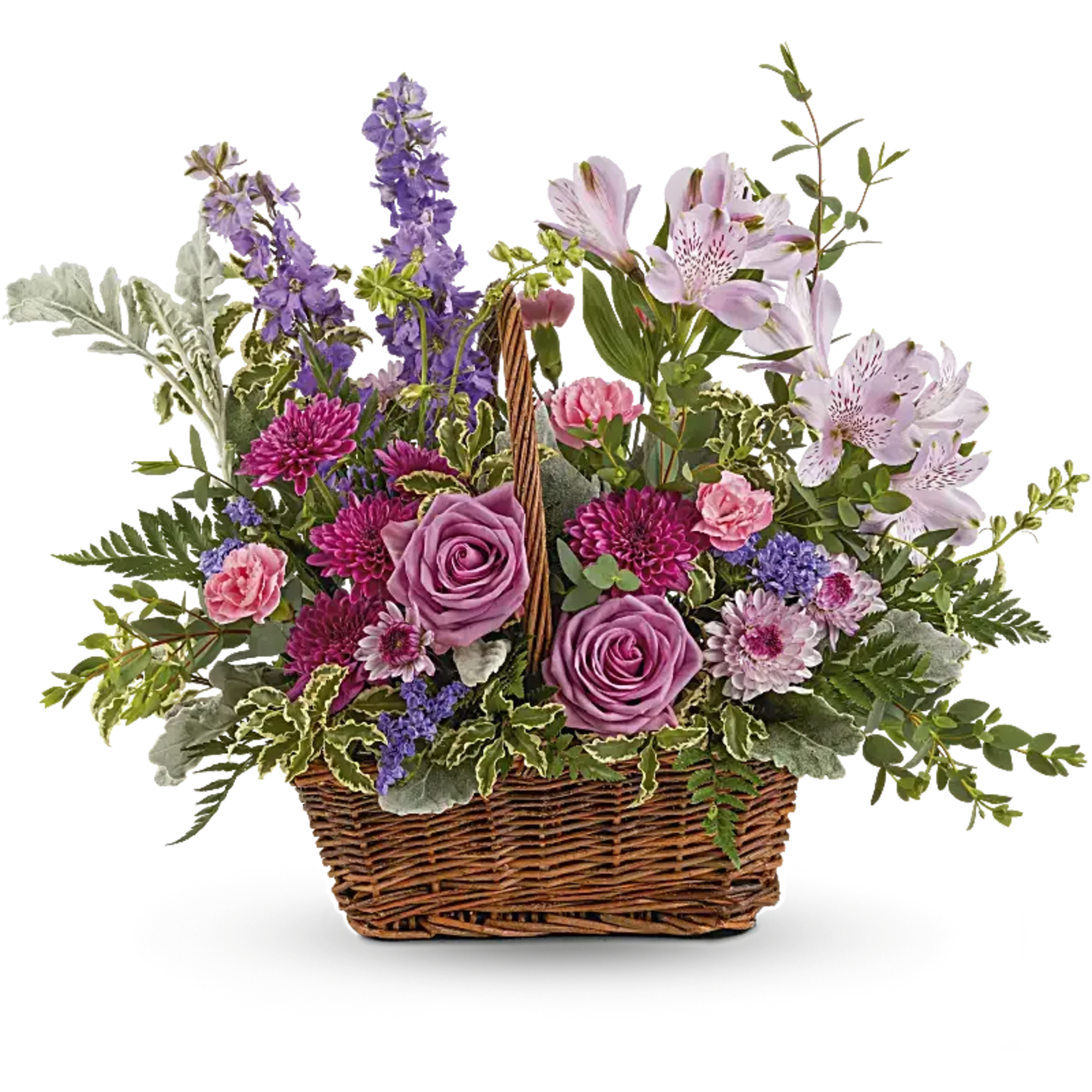 This lush lavender rose arrangement is a basket of beauty to brighten