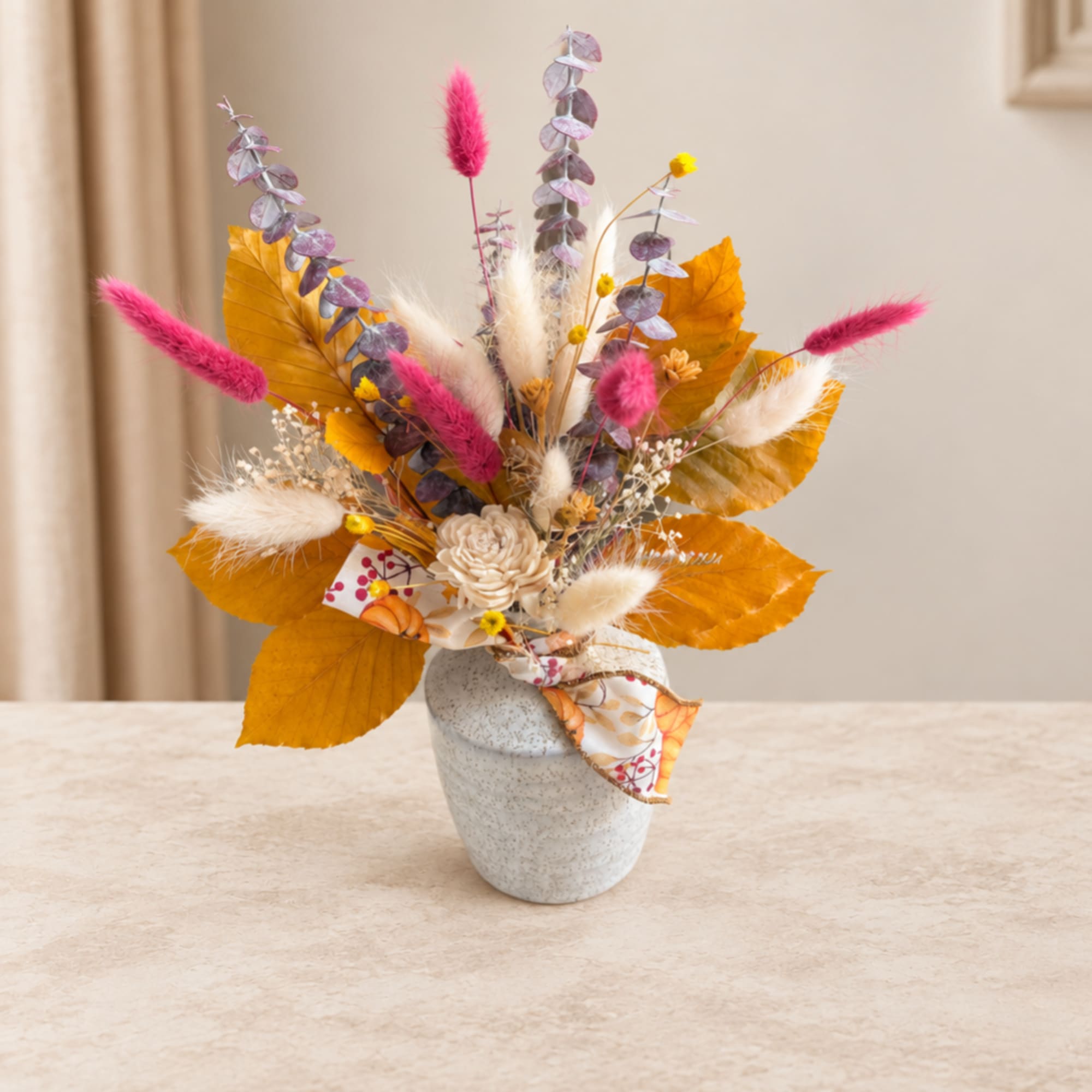 Autumn floral arrangement in a speckled vase with pink accents, photo 3 of 3