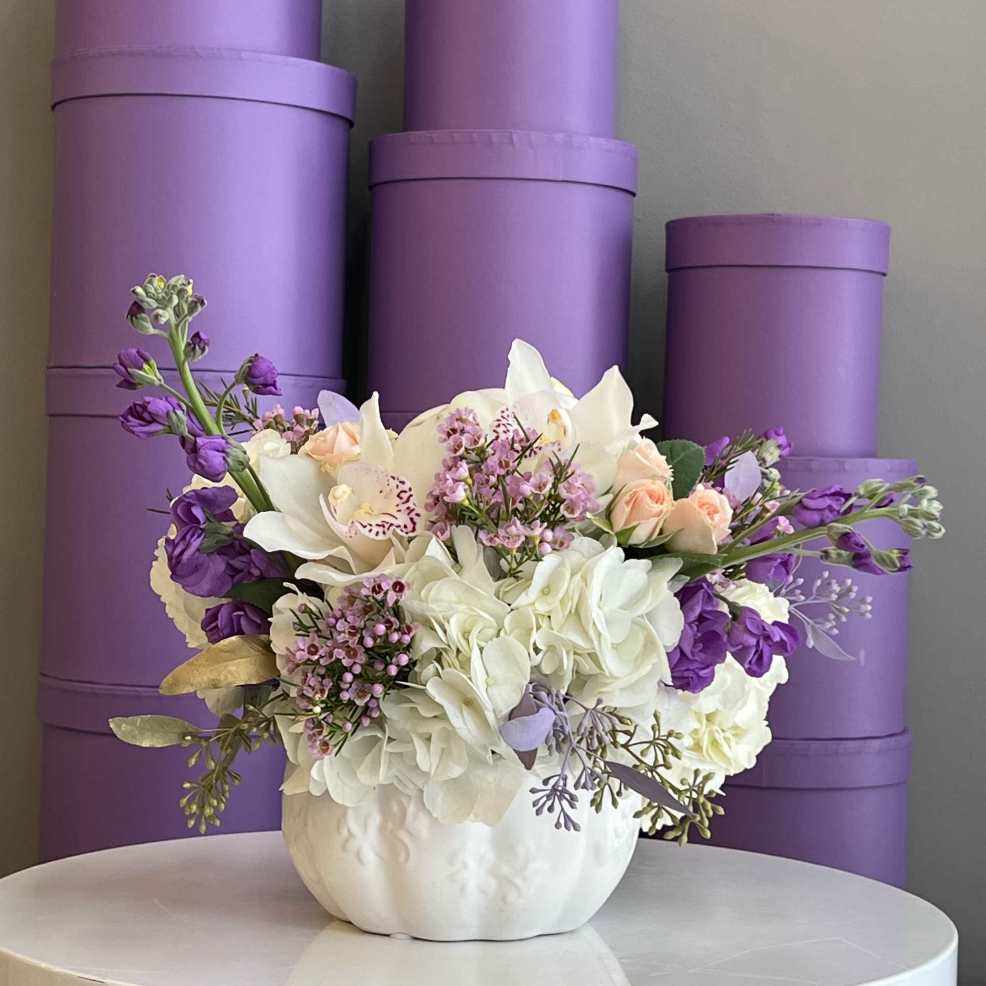This enchanting arrangement is presented in a chic white pumpkin vase, blending, photo 2 of 2