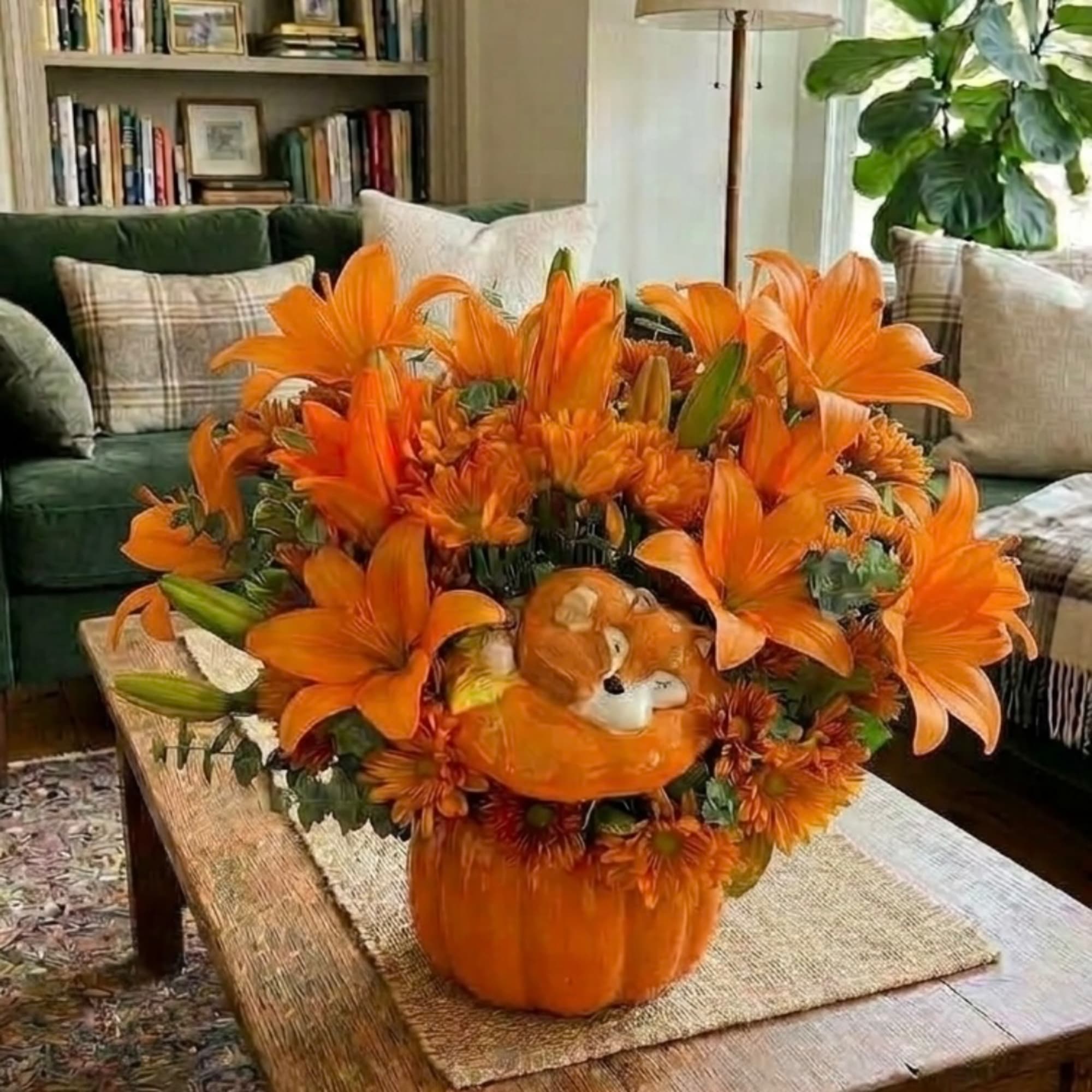 Orange lily arrangement in a pumpkin-shaped container with a small fox figure