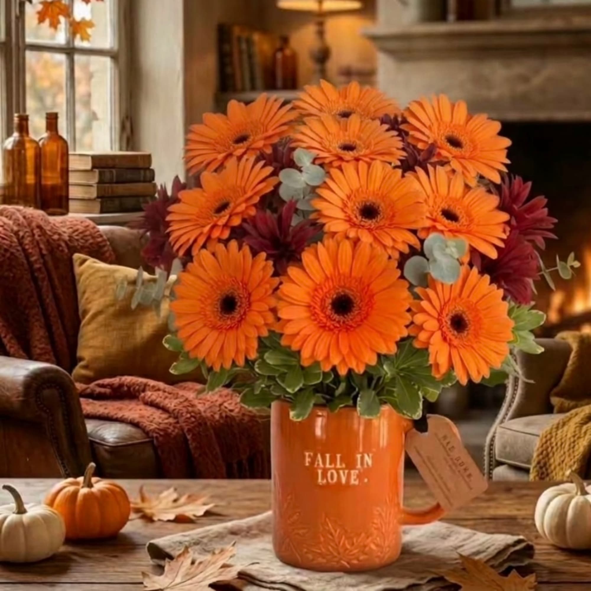 Orange gerbera daisies in an orange mug vase on a fall table
