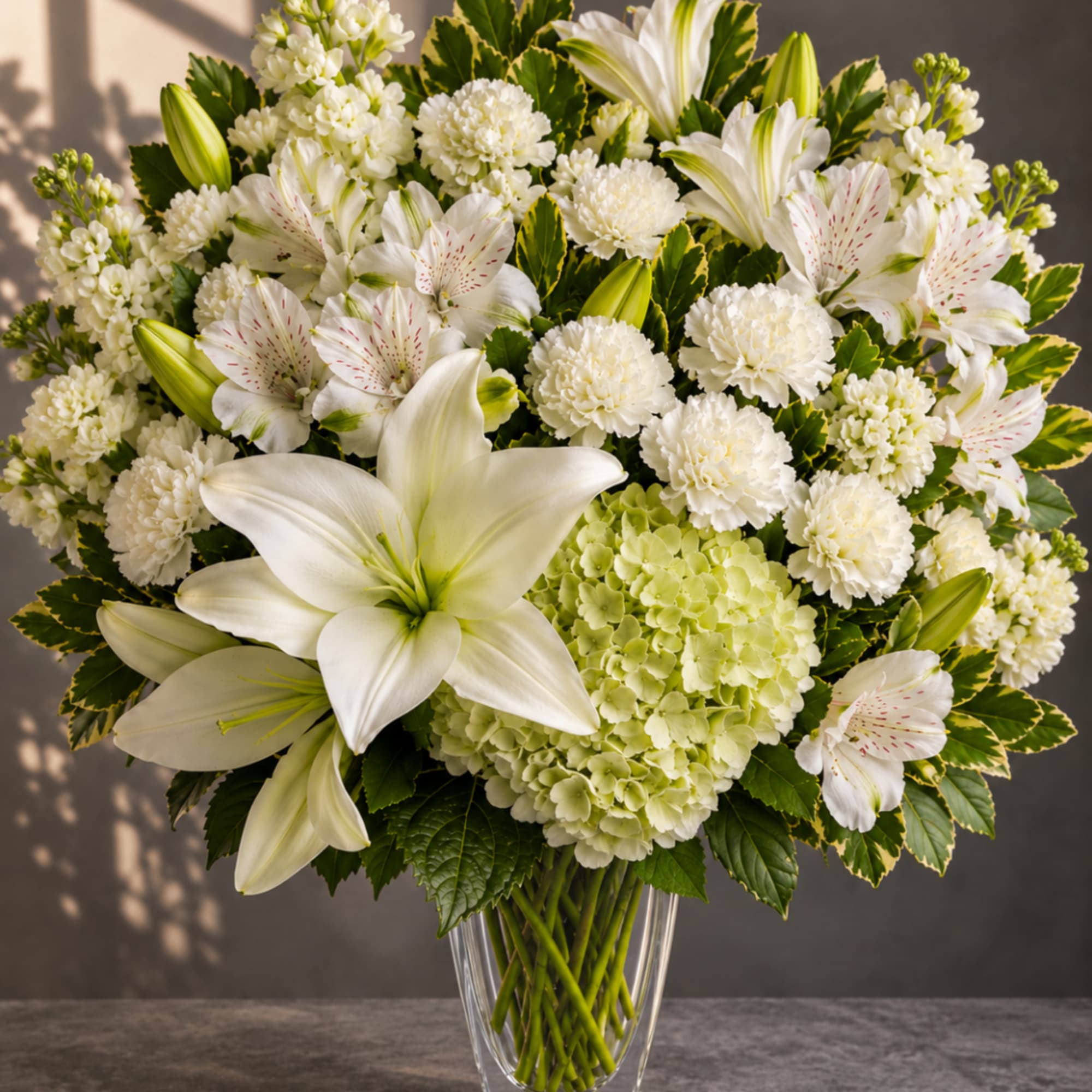 White lilies and mixed white flowers in a clear glass vase