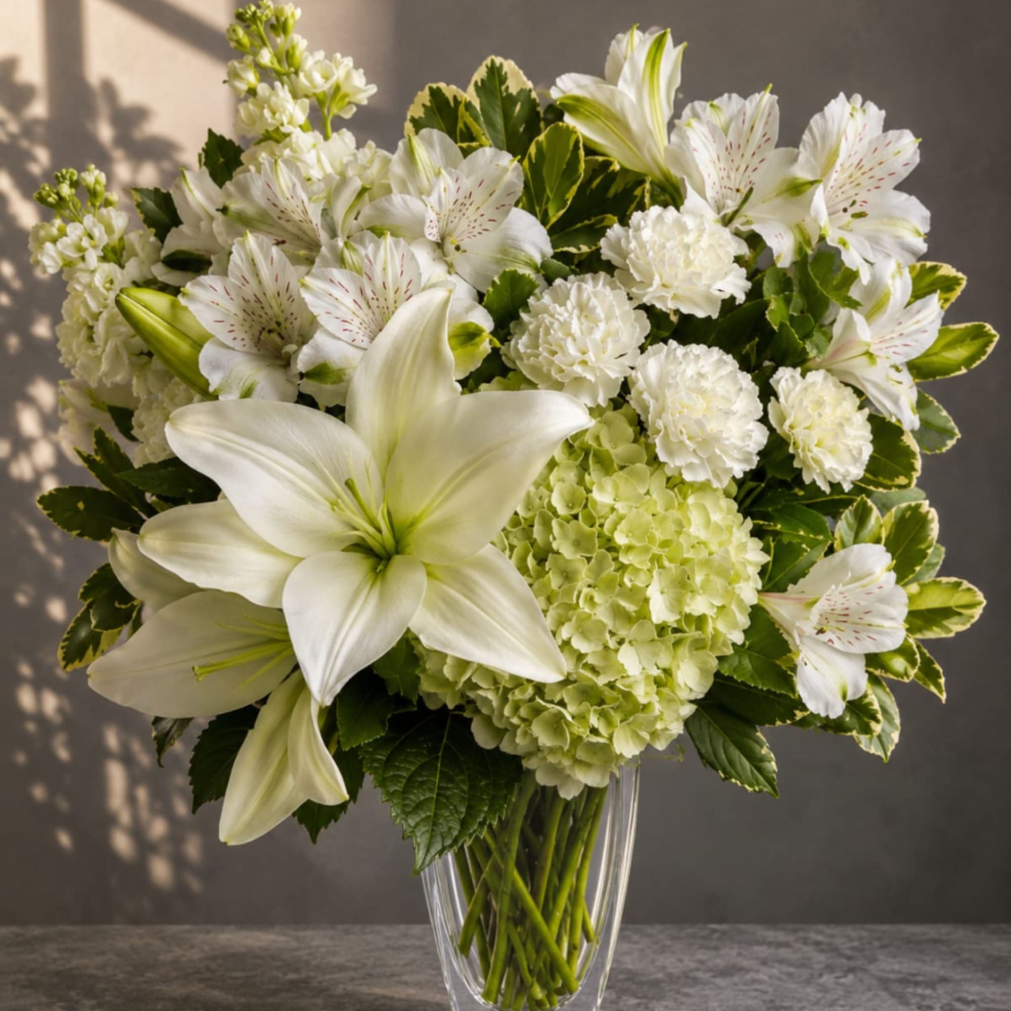 White lilies and mixed white flowers in a clear glass vase