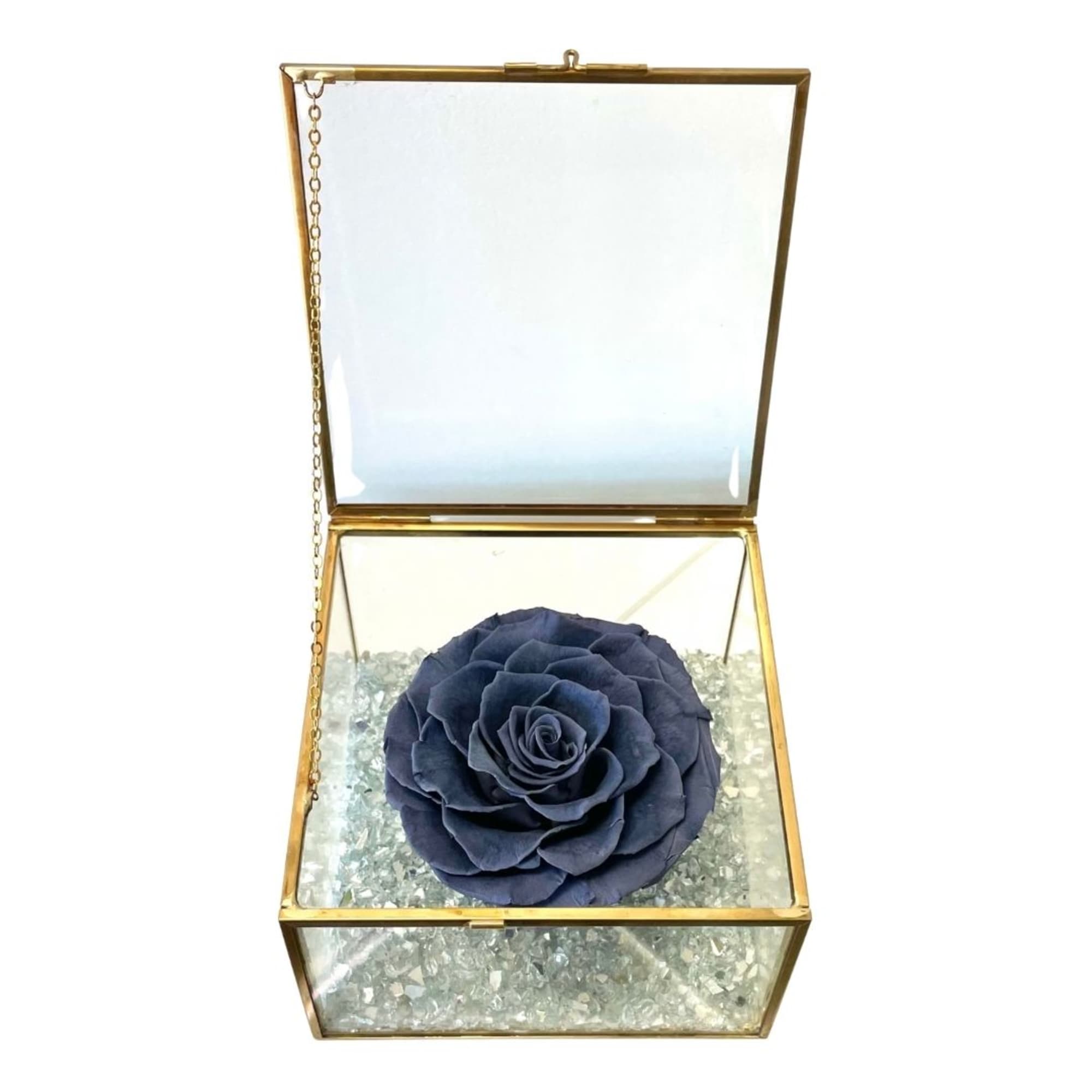 Blue rose in a gold glass keepsake box