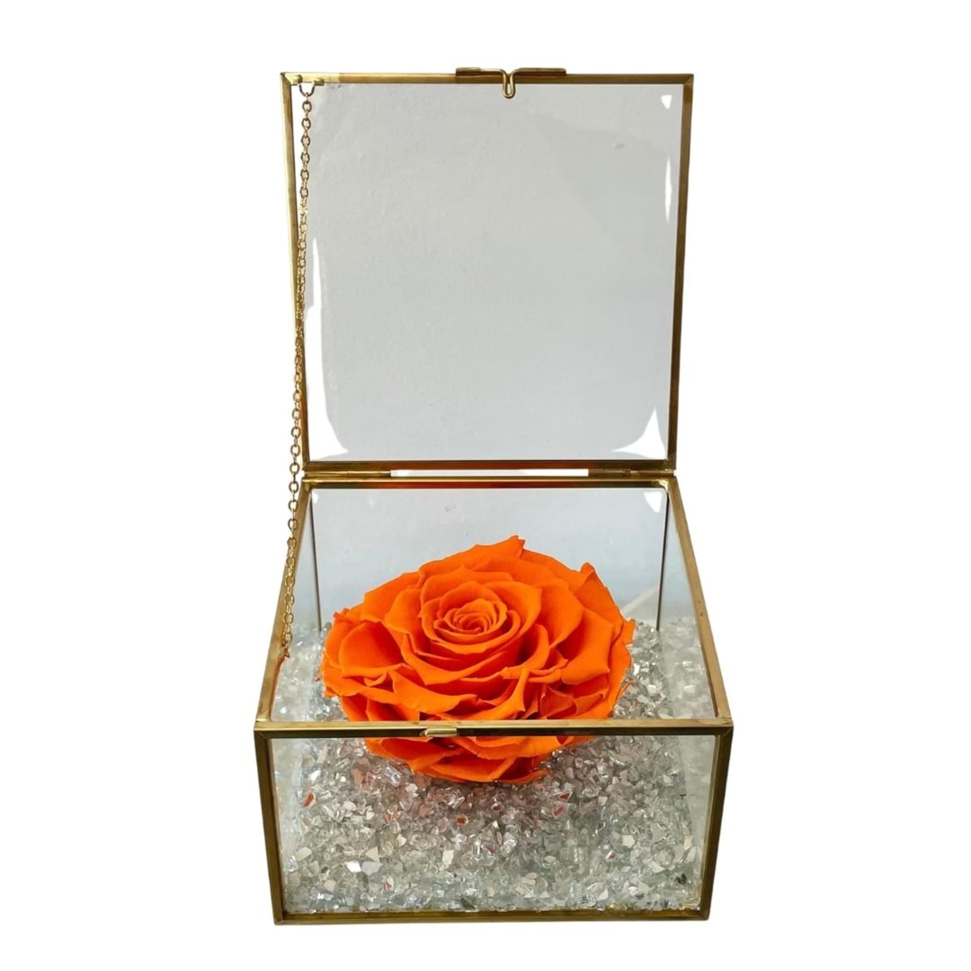 Orange rose in a gold glass box with clear crystals