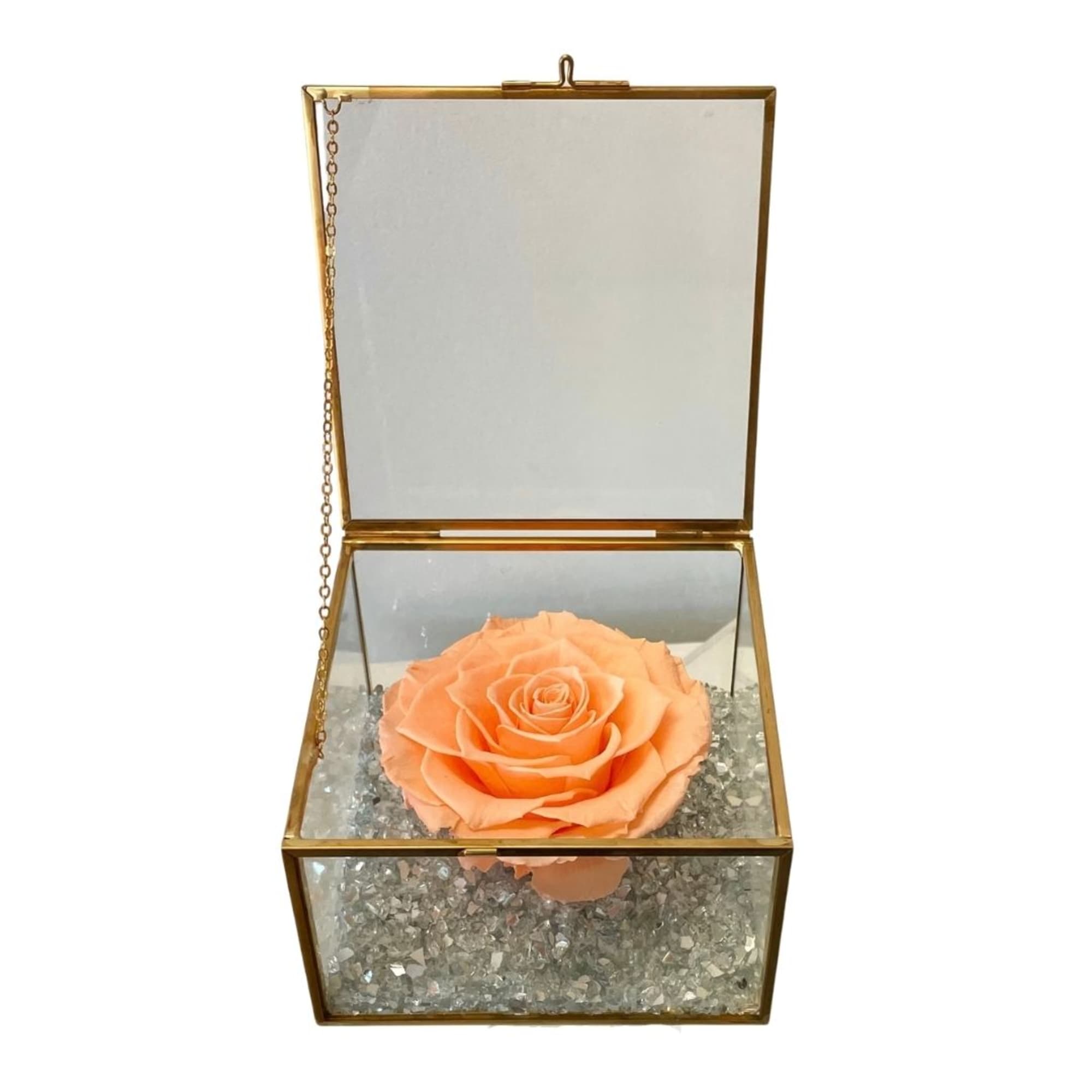 Peach rose in a gold glass keepsake box with crystal filler