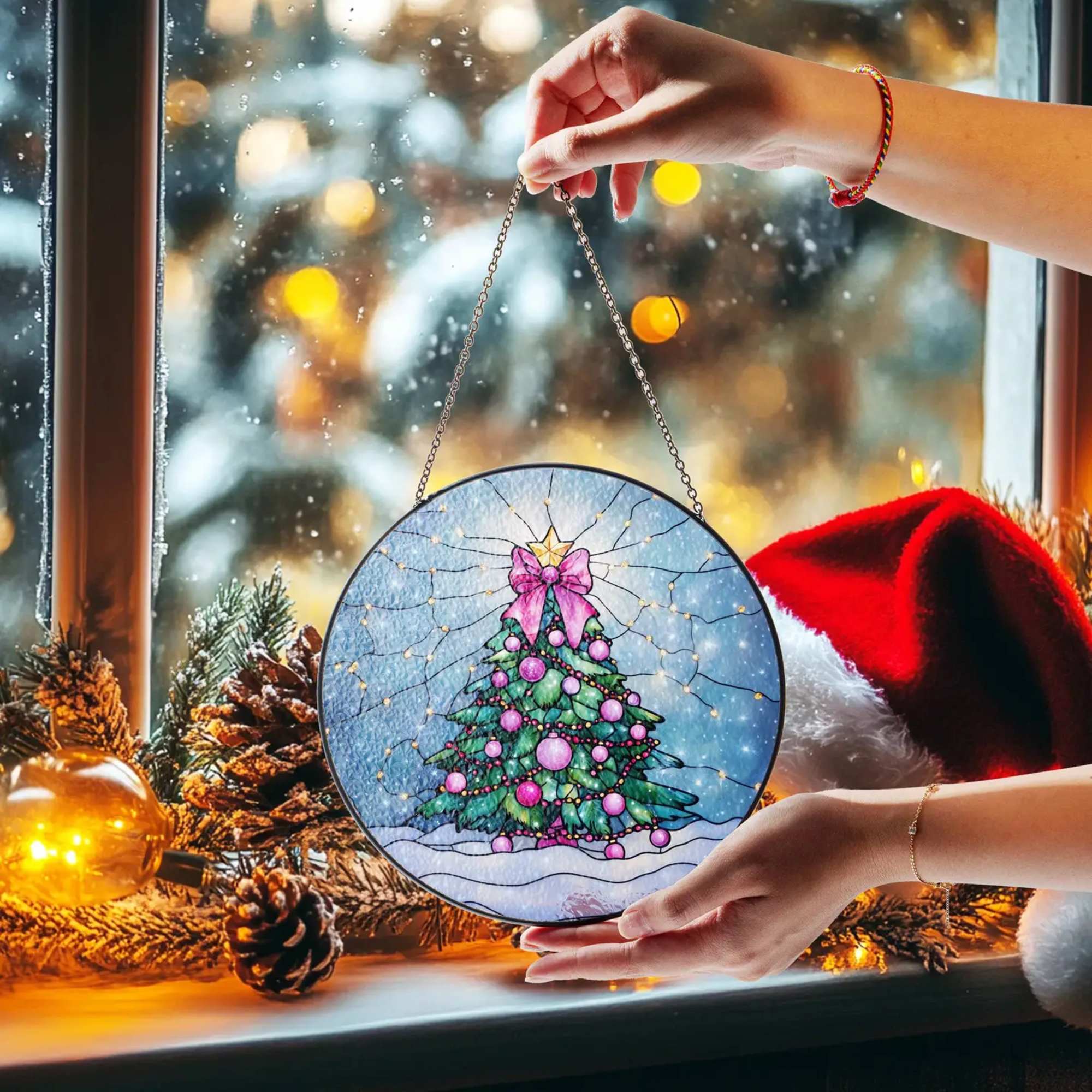 Round hanging Christmas ornament with a decorated tree design