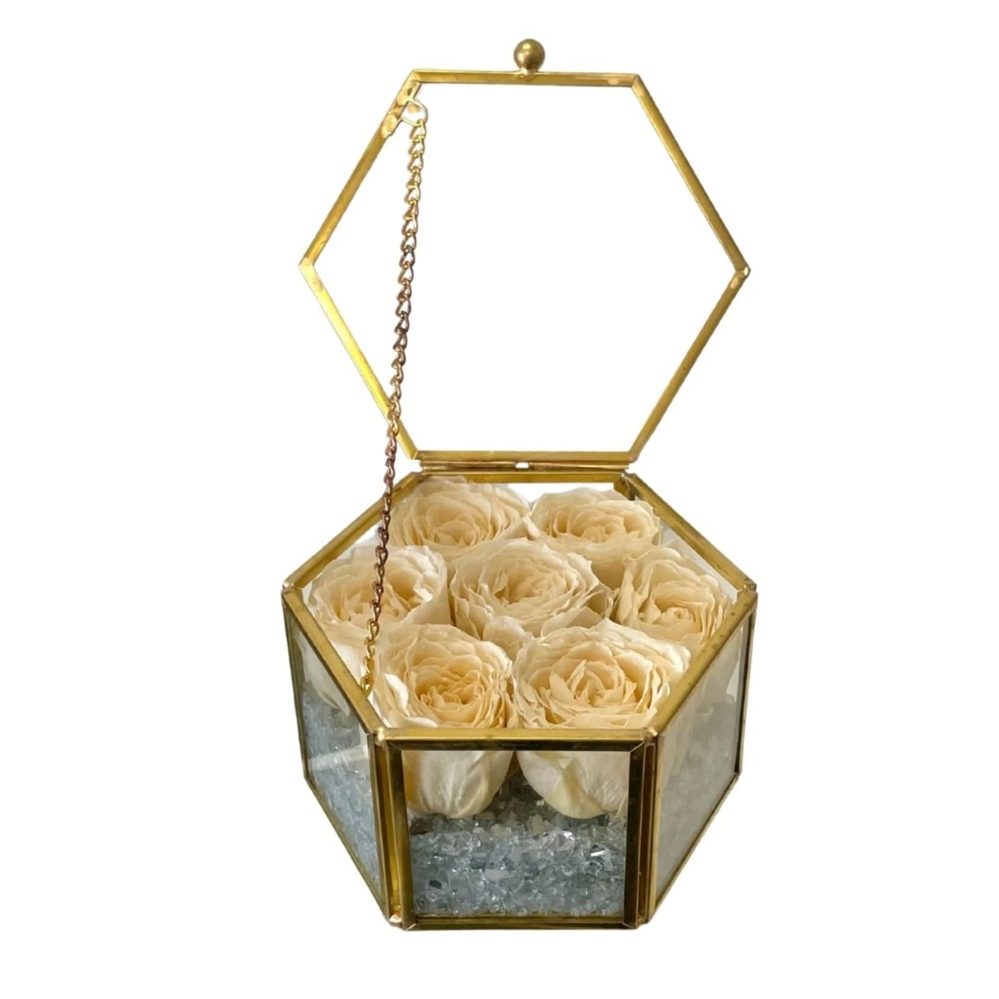 Cream roses in a gold hexagonal glass box with an open lid