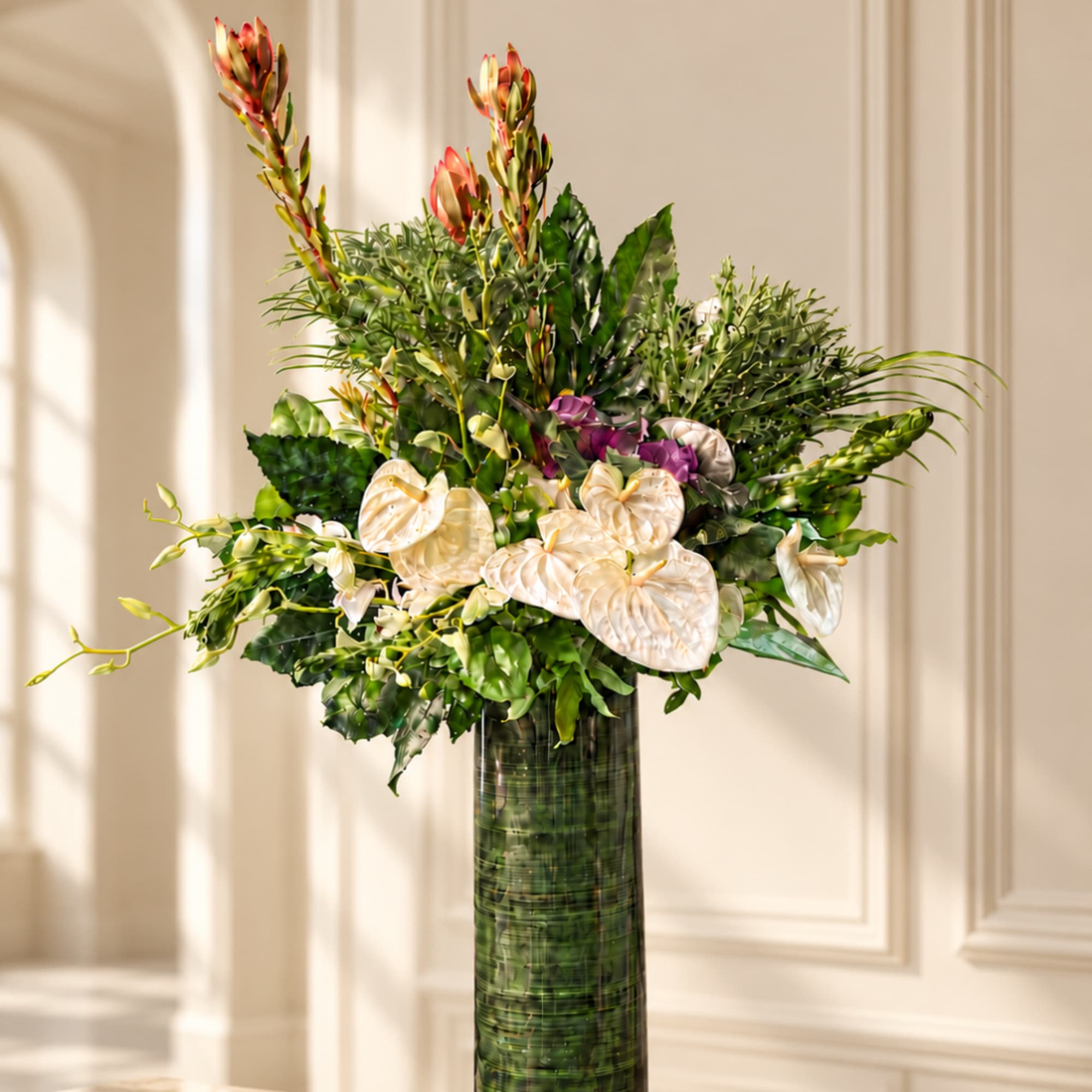 Tall arrangement of white anthuriums and mixed tropical flowers in a green vase